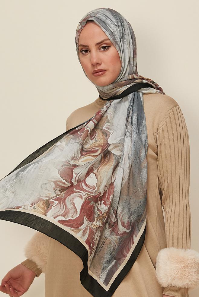 Tesettür giyim BEJ ALVİNA DESENLİ KRAŞ ŞAL 3592 - ALVİNA