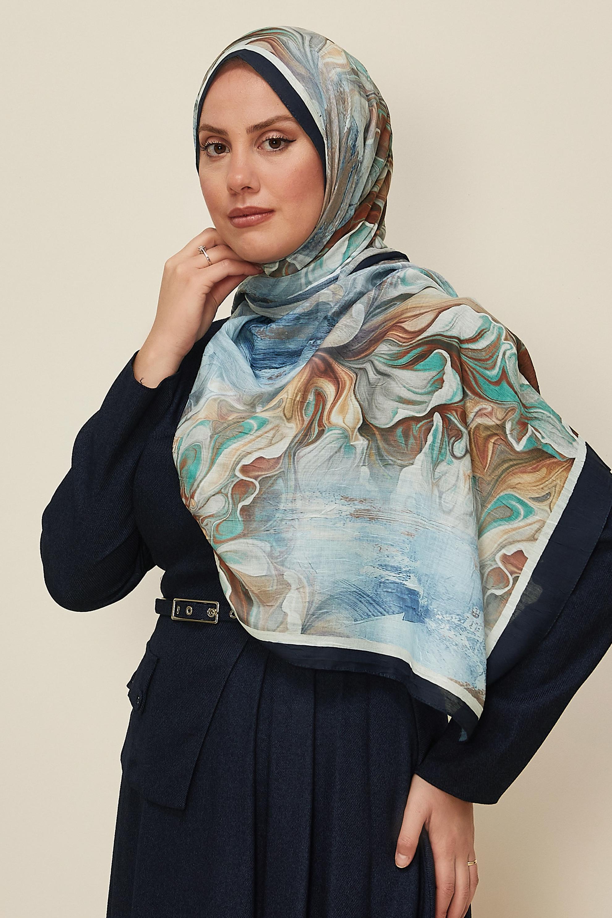 Tesettür giyim LACİVERT ALVİNA DESENLİ KRAŞ ŞAL 3592