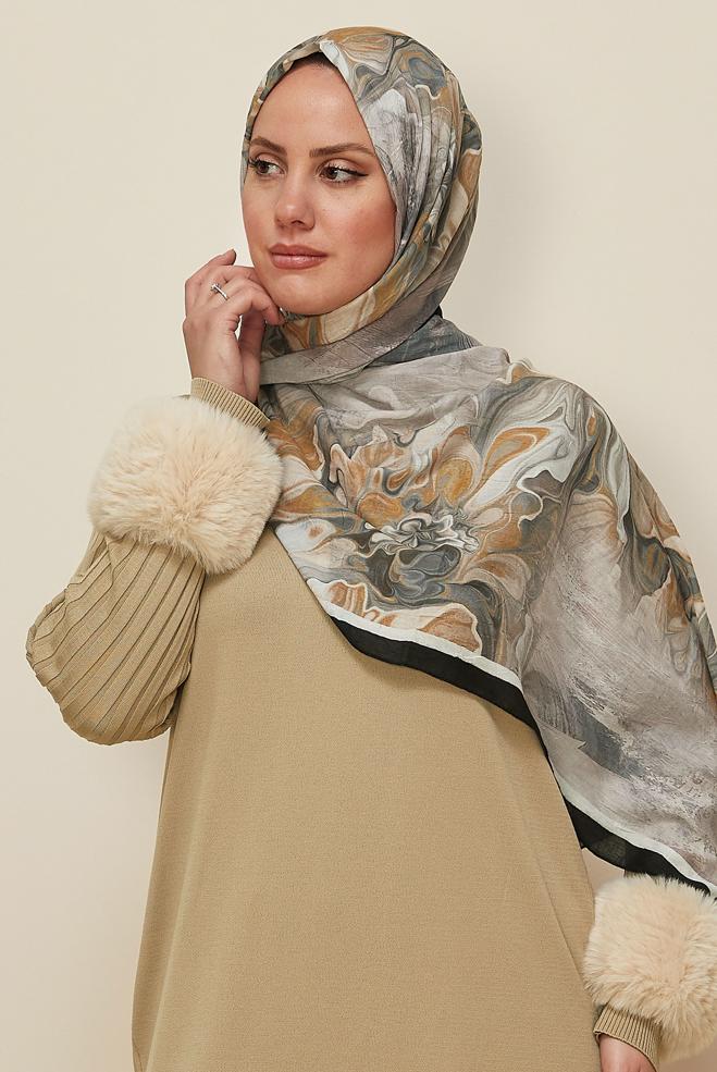 Tesettür giyim BEJ ALVİNA DESENLİ KRAŞ ŞAL 3592 - ALVİNA