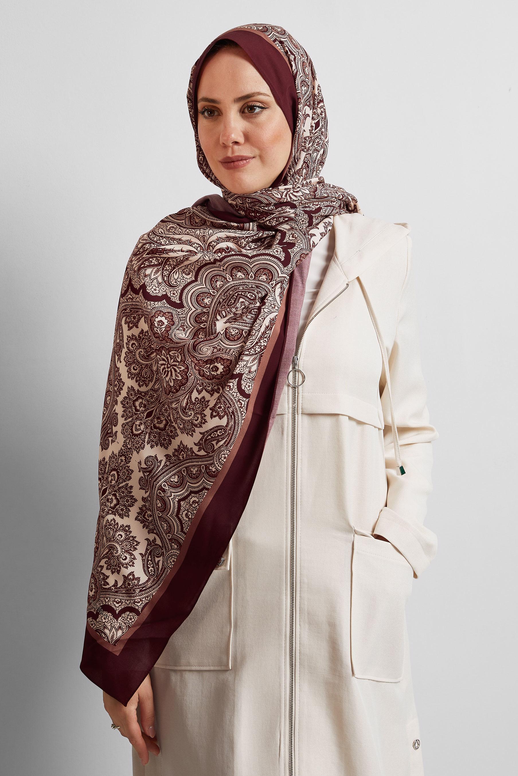 Tesettür giyim BORDO ALVİNA ETNİK DESENLİ ŞAL 4460
