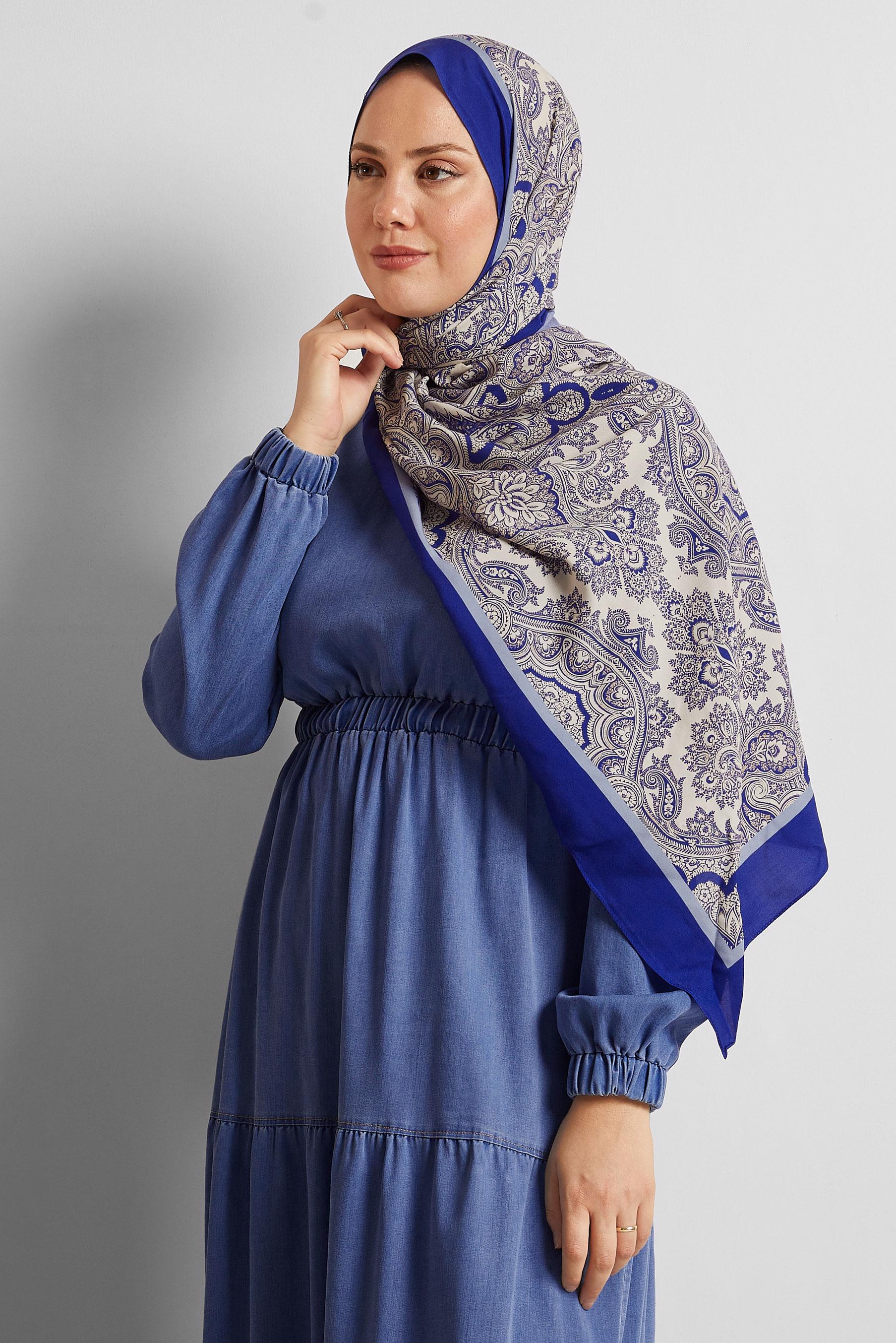 Tesettür giyim LACİVERT ALVİNA ETNİK DESENLİ ŞAL 4460
