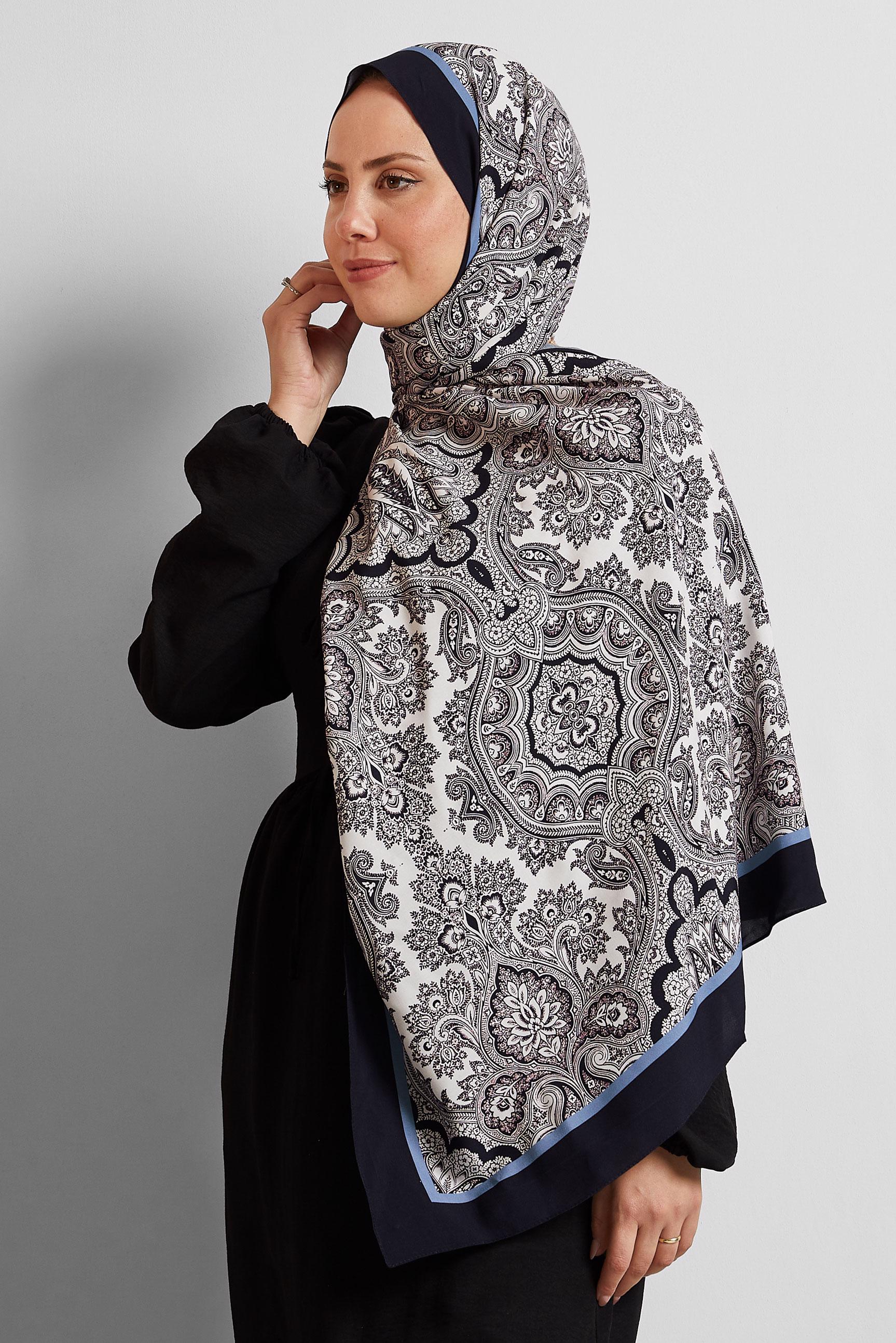 Tesettür giyim LACİVERT ALVİNA ETNİK DESENLİ ŞAL 4460