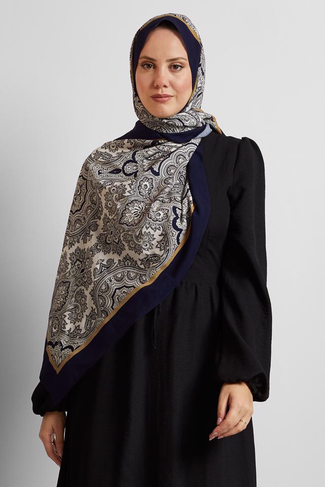 Tesettür giyim LACİVERT ALVİNA ETNİK DESENLİ ŞAL 4460 - ALVİNA