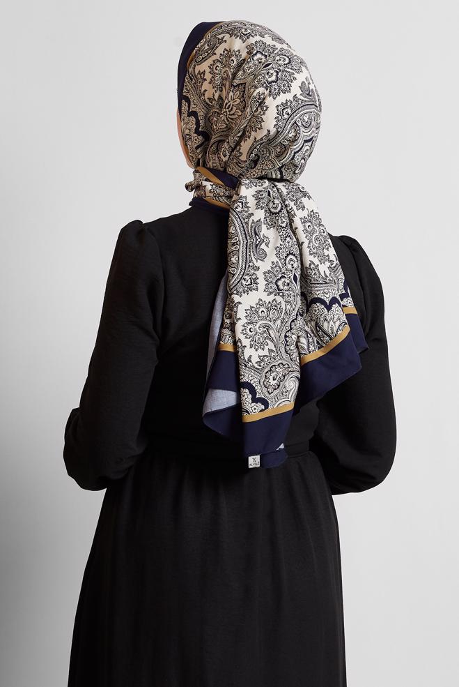 Tesettür giyim LACİVERT ALVİNA ETNİK DESENLİ ŞAL 4460 - ALVİNA