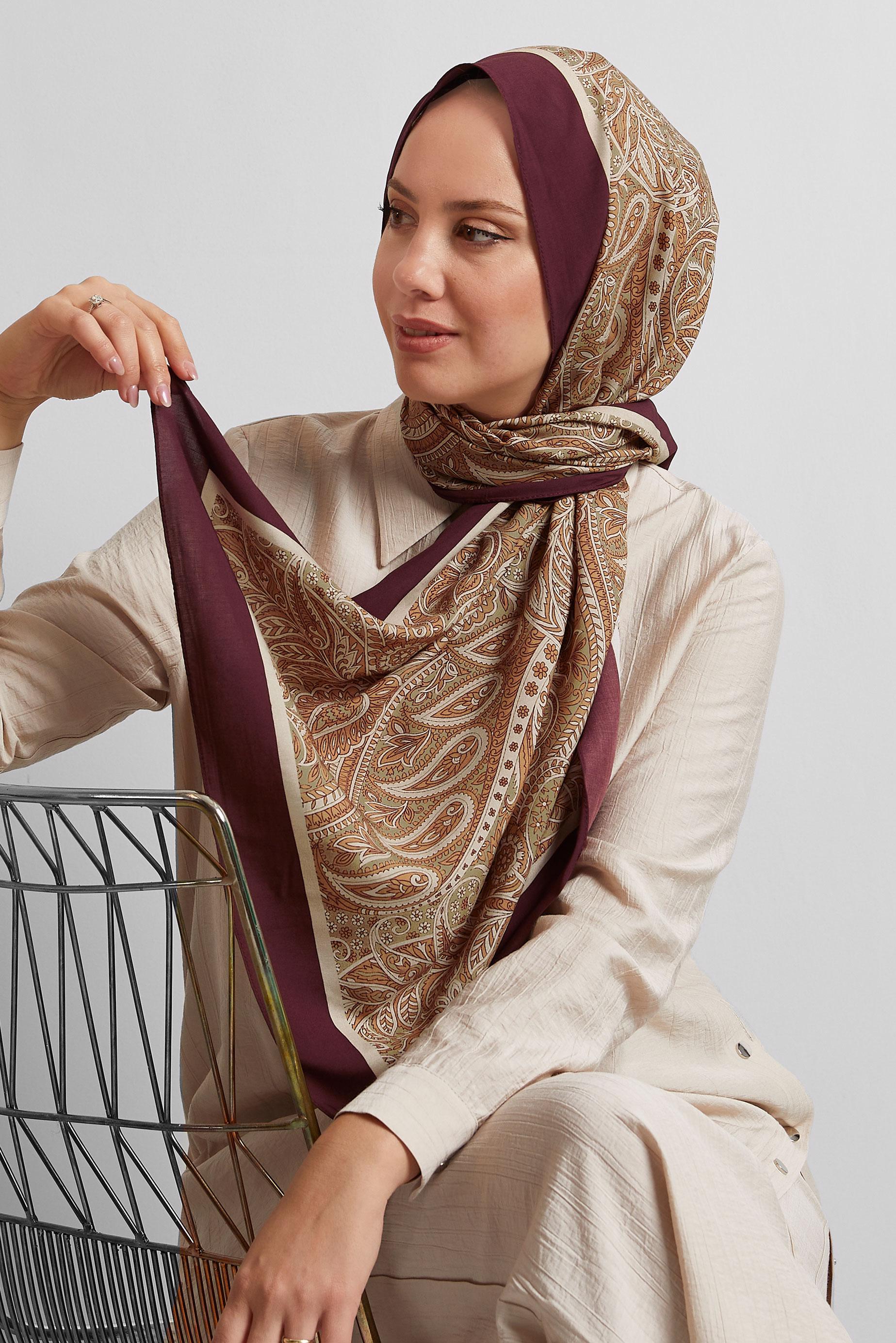 Tesettür giyim KAHVE ALVİNA ETNİK DESENLİ ŞAL 4472