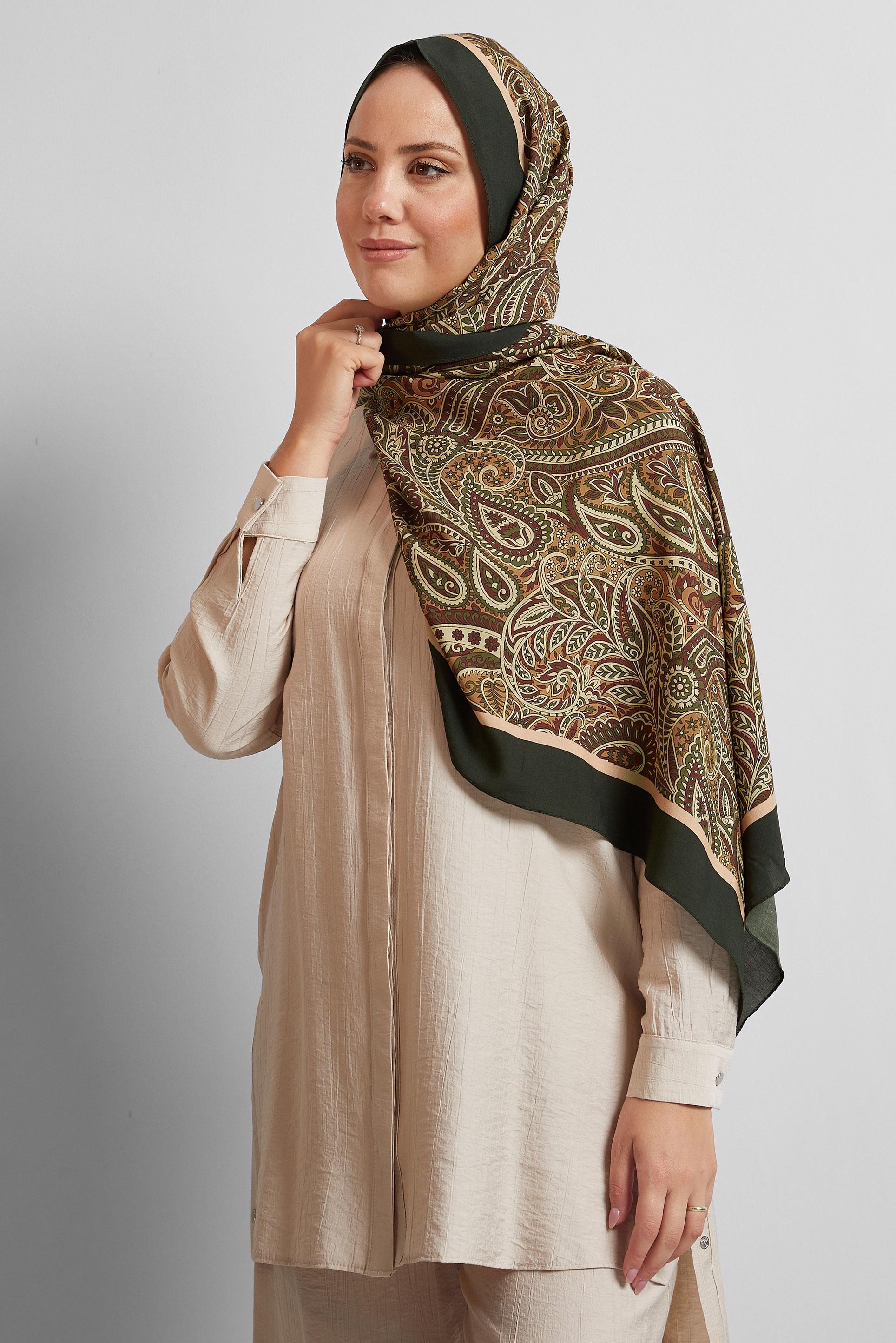 Tesettür giyim HAKİ ALVİNA ETNİK DESENLİ ŞAL 4472