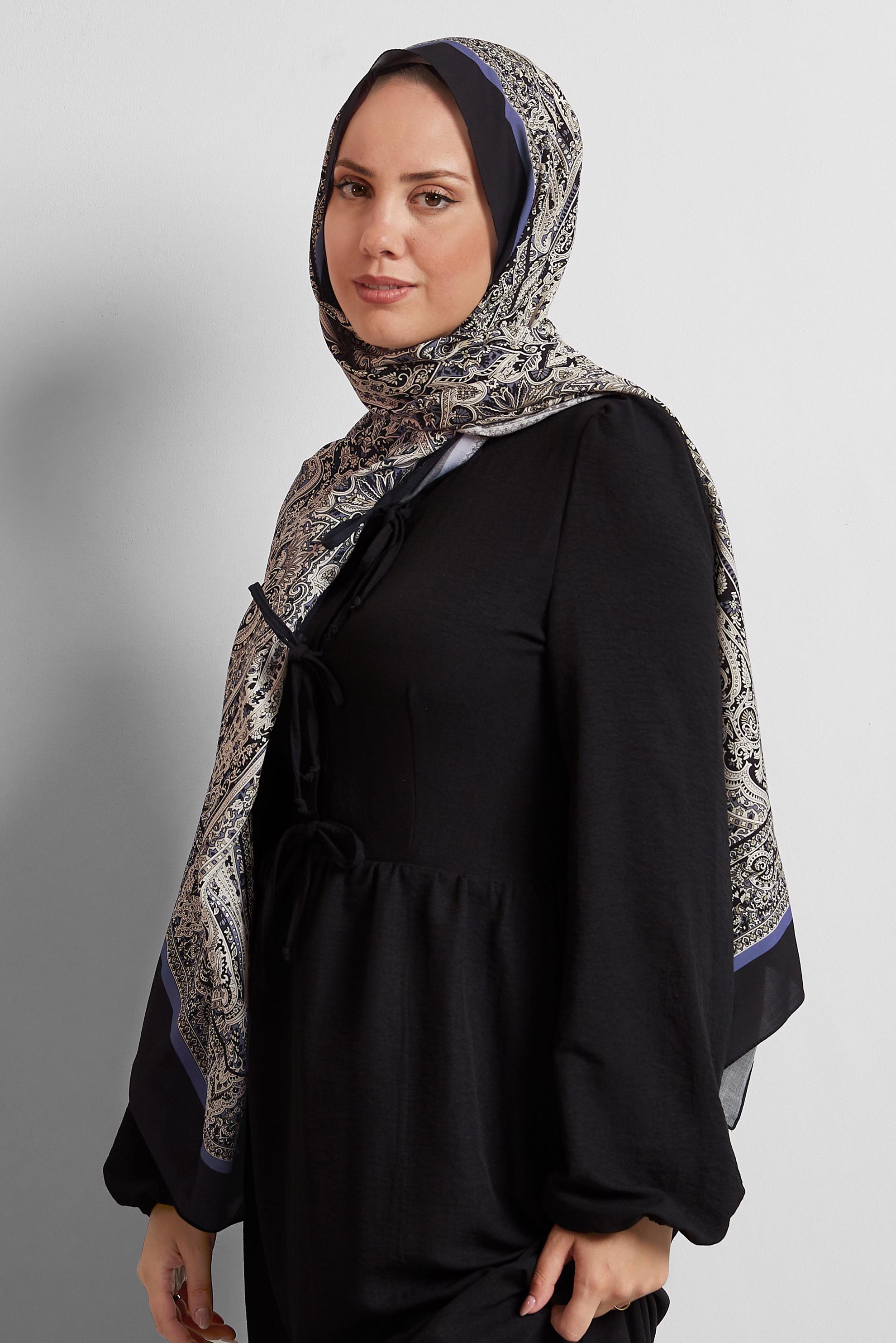 Tesettür giyim VİZON ALVİNA ETNİK DESENLİ ŞAL 4479