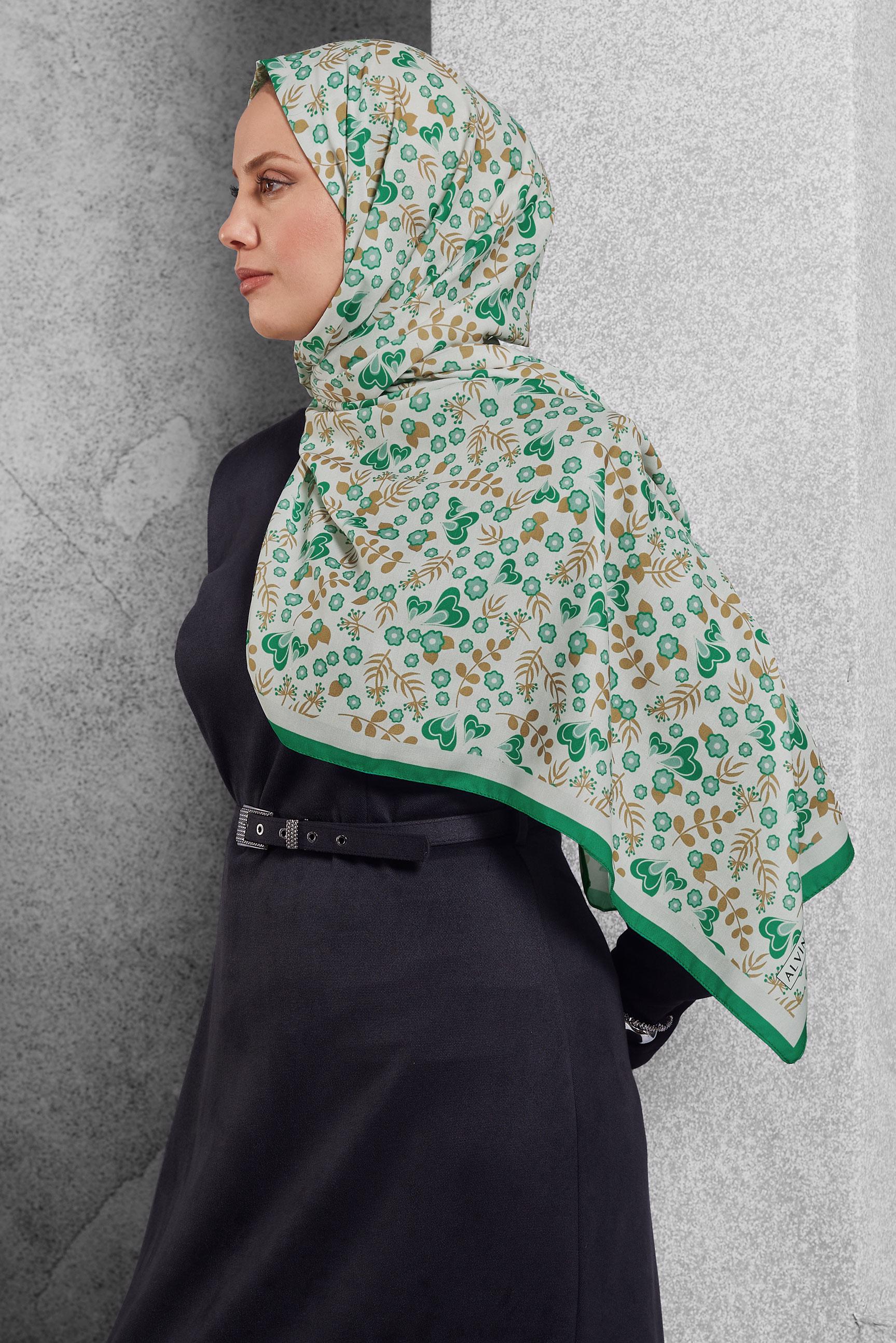 Tesettür giyim YEŞİL ALVİNA DESENLİ ŞAL 7453