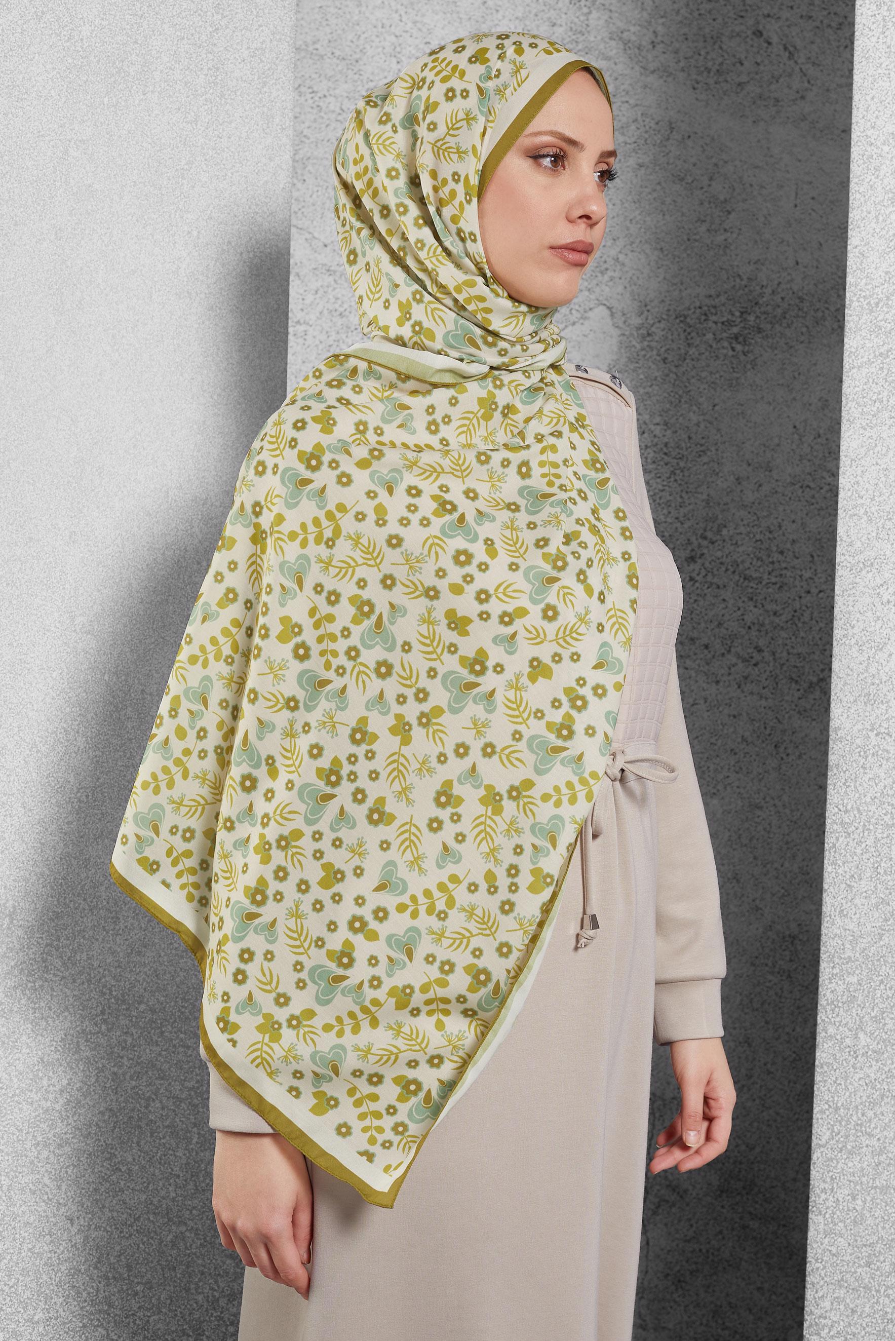 Tesettür giyim YEŞİL ALVİNA DESENLİ ŞAL 7453