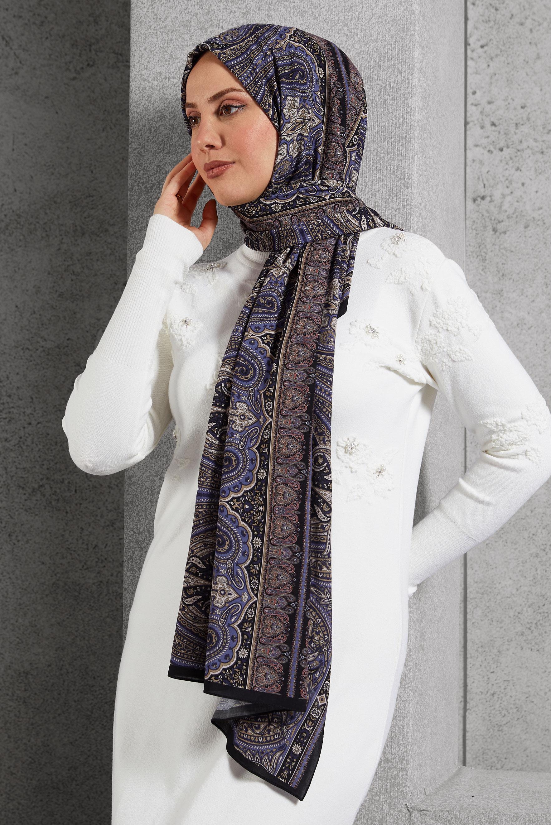 Tesettür giyim SİYAH ALVİNA ETNİK DESEN ŞAL 8521