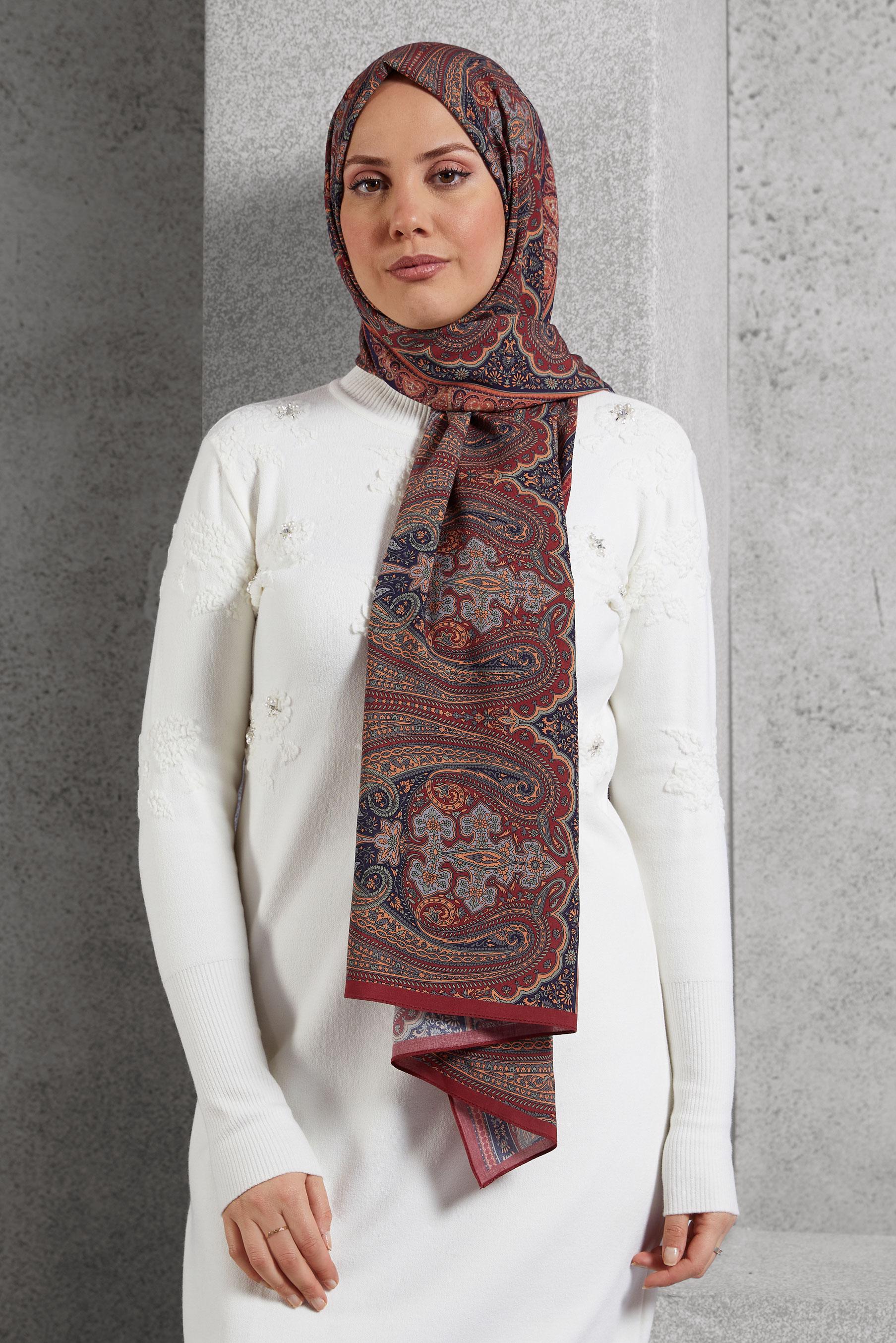 Tesettür giyim BORDO ALVİNA ETNİK DESEN ŞAL 8521