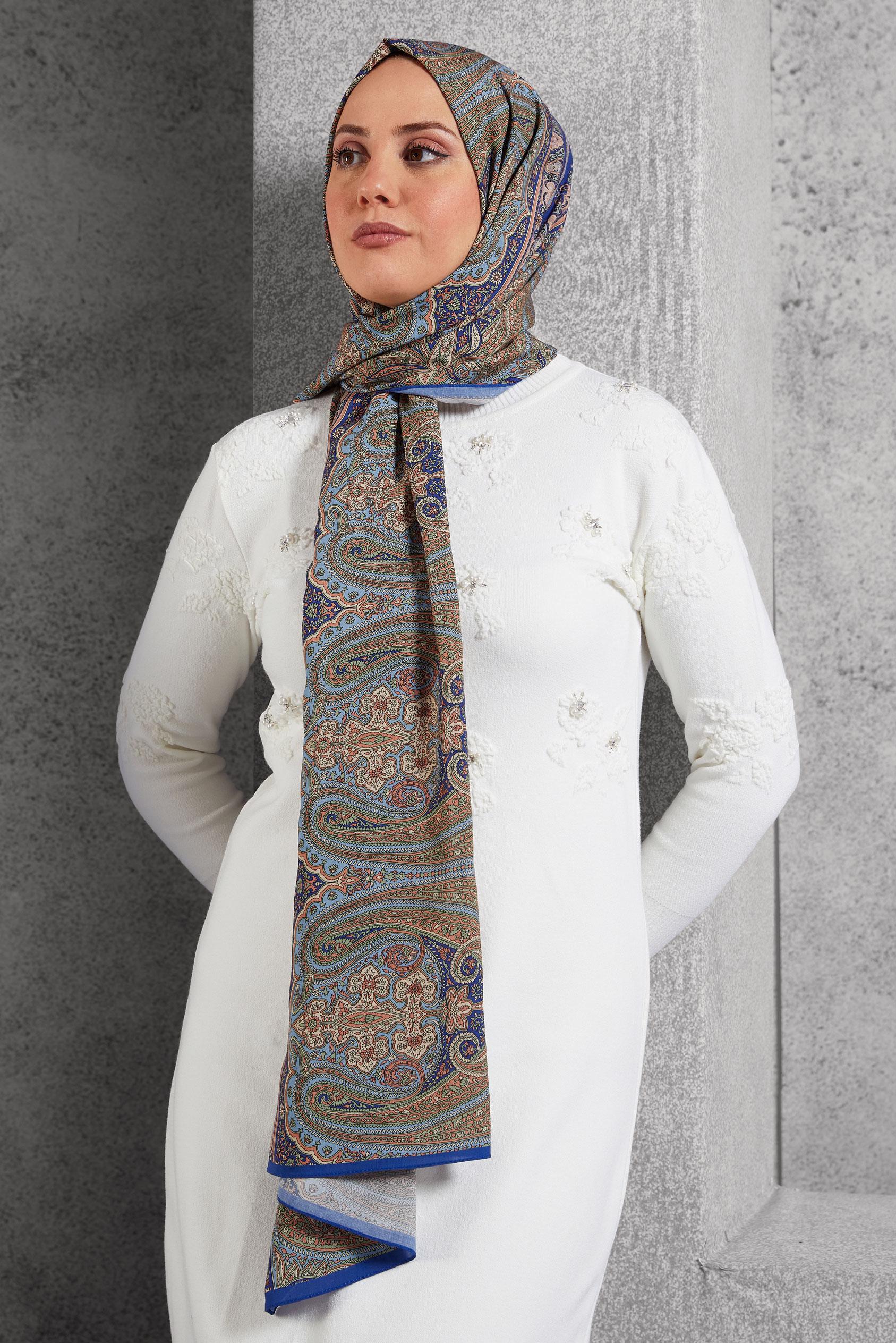 Tesettür giyim LACİVERT ALVİNA ETNİK DESEN ŞAL 8521