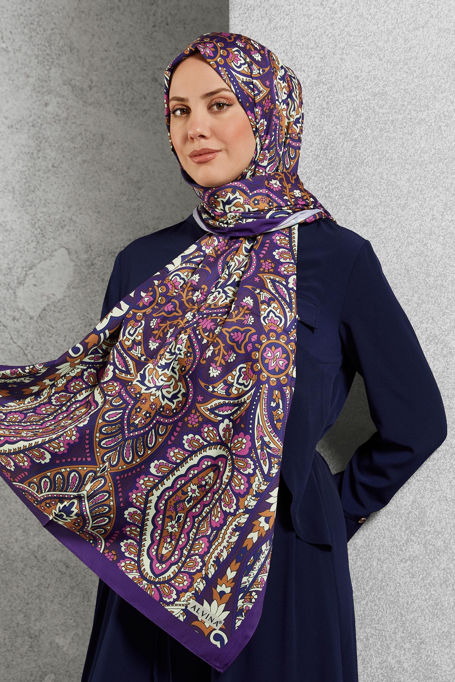 Tesettür giyim MOR ALVİNA ETNİK DESENLİ ŞAL 8522
