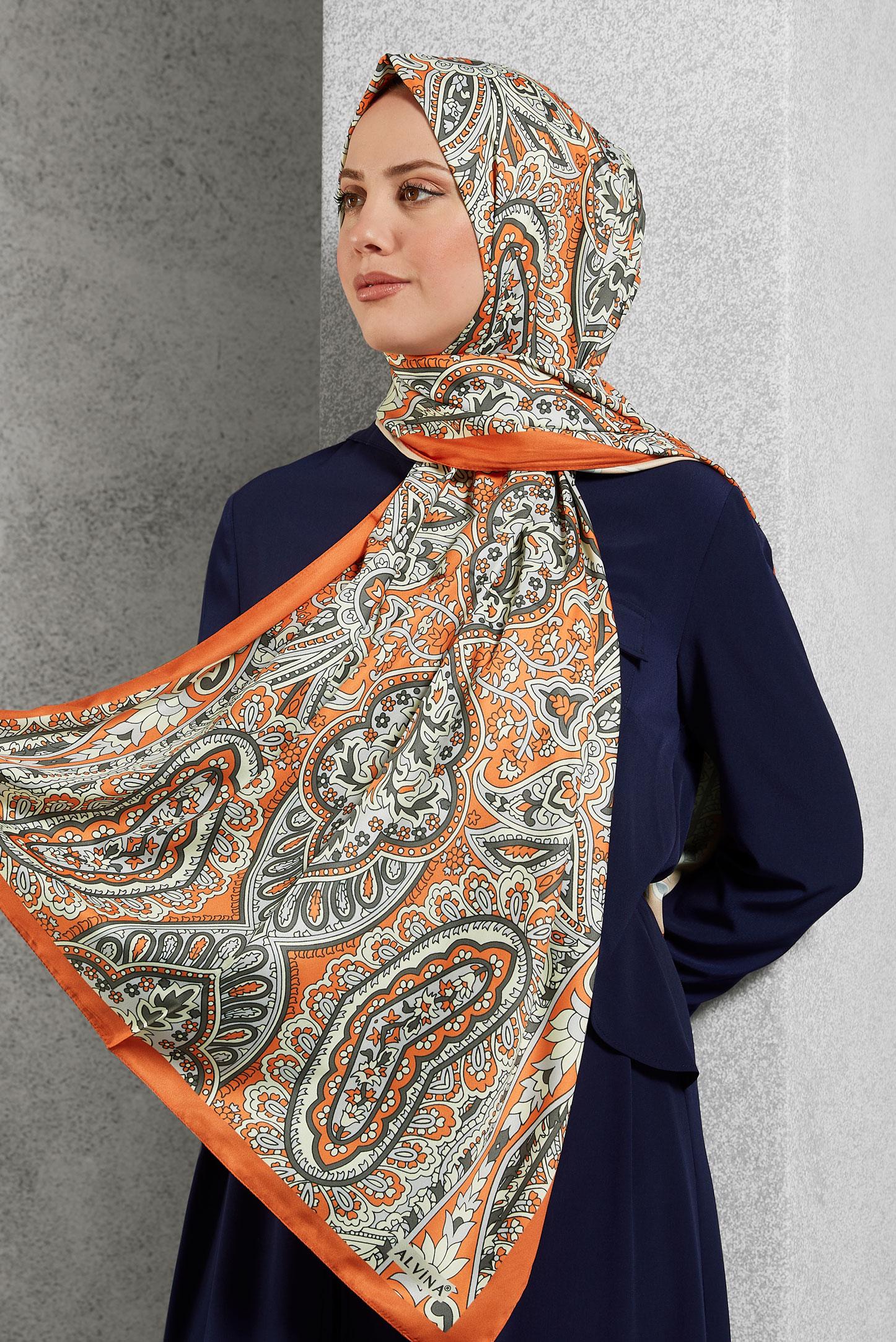 Tesettür giyim TURUNCU ALVİNA ETNİK DESENLİ ŞAL 8522