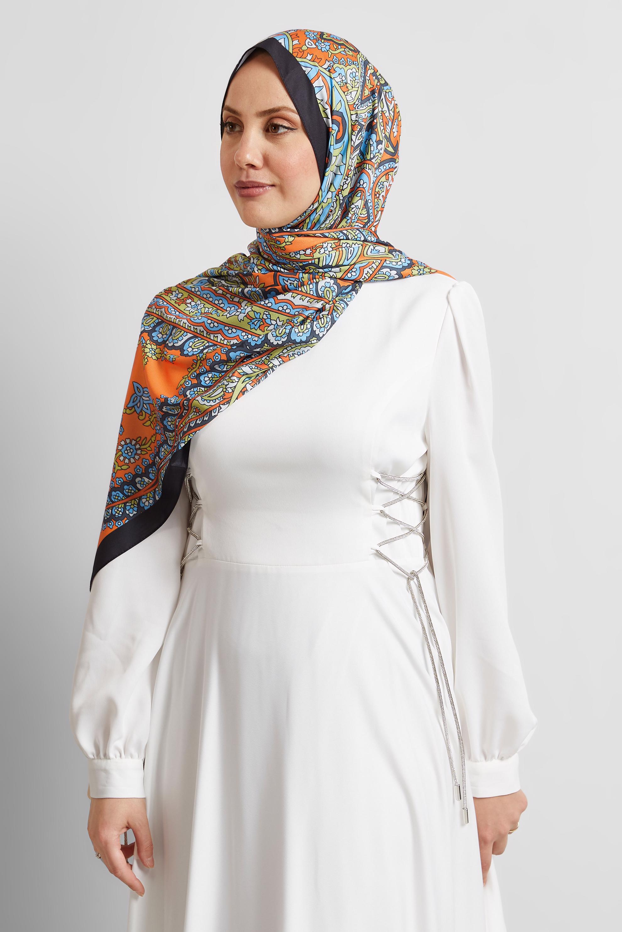 Tesettür giyim TURUNCU ALVİNA DESENLİ ŞAL 8532