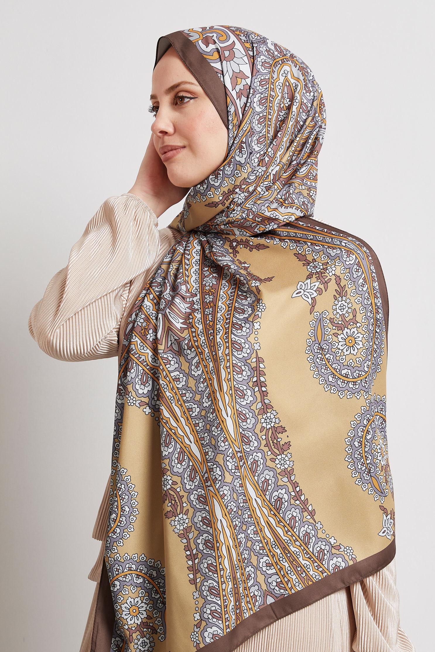 Tesettür giyim KAHVE ALVİNA DESENLİ ŞAL 8532