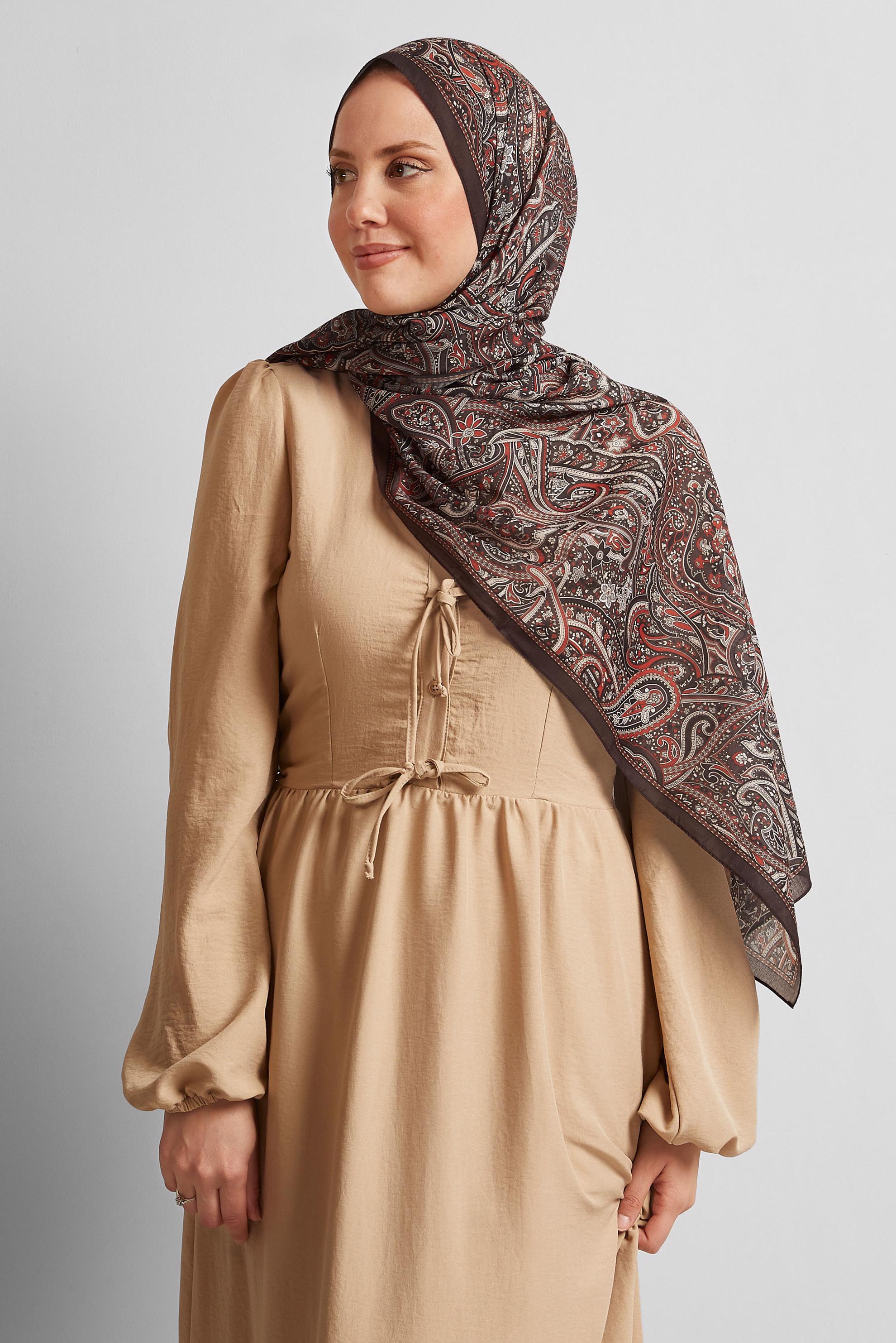 Tesettür giyim KAHVE ALVİNA ETNİK DESEN ŞAL 8539