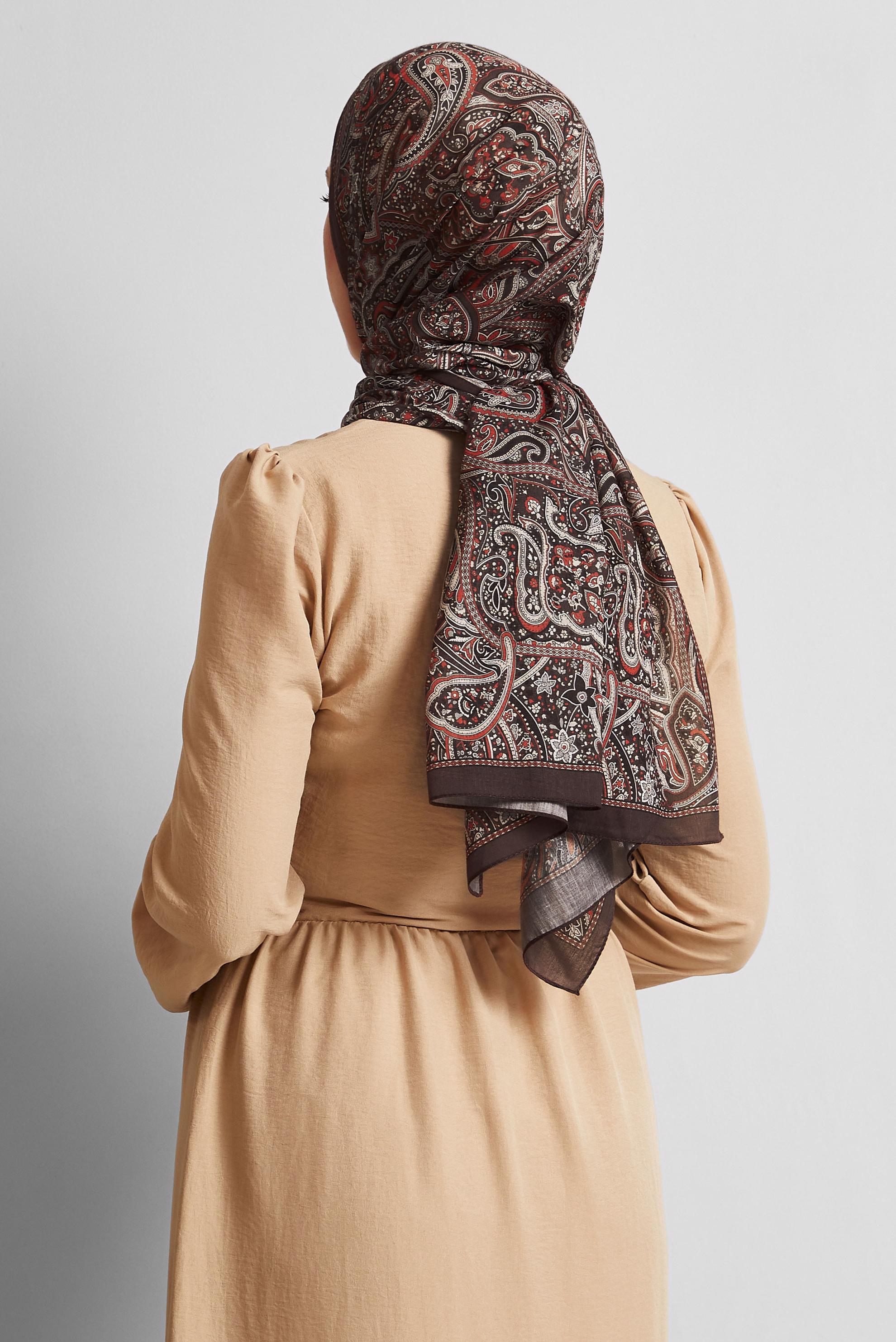 Tesettür giyim KAHVE ALVİNA ETNİK DESEN ŞAL 8539