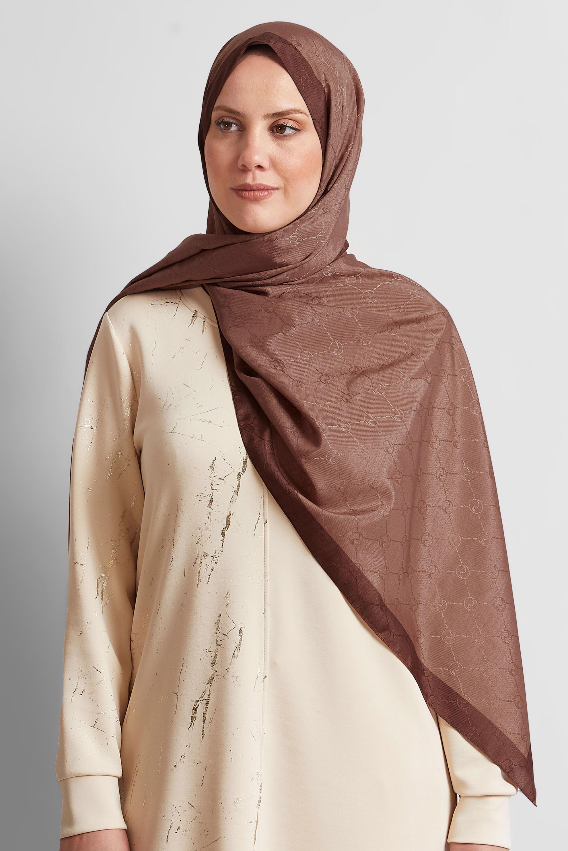 Tesettür giyim KAHVE ALVİNA JAKARLI MONOGRAM ŞAL 8542