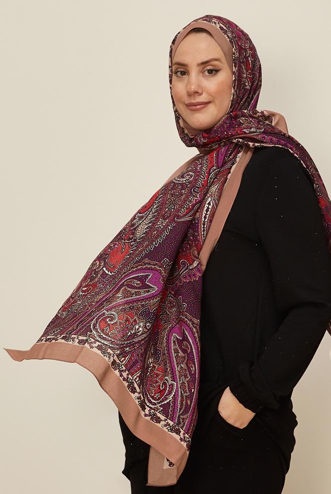 Tesettür giyim BEJ ALVİNA DESENLİ PAMUK VİSKON ŞAL 8546 - ALVİNA