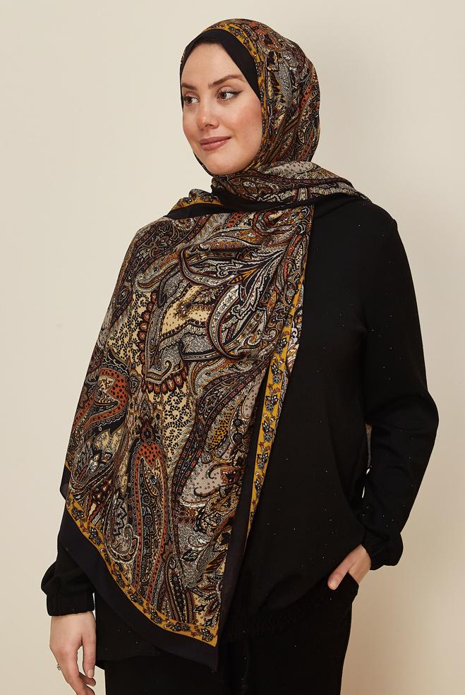 Tesettür giyim SİYAH ALVİNA DESENLİ PAMUK VİSKON ŞAL 8546 - ALVİNA