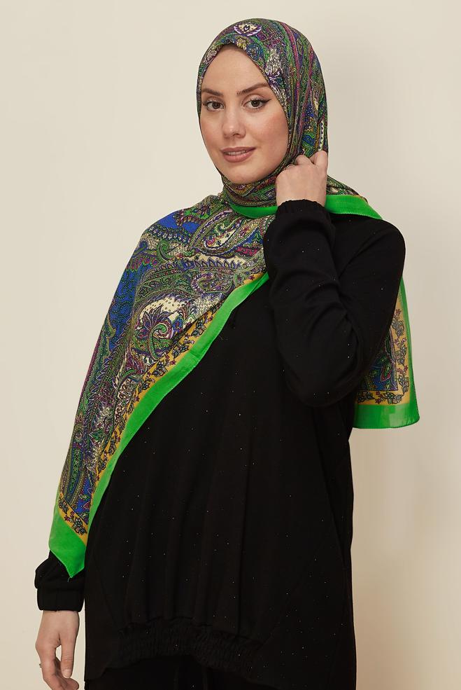 Tesettür giyim YEŞİL ALVİNA DESENLİ PAMUK VİSKON ŞAL 8546 - ALVİNA