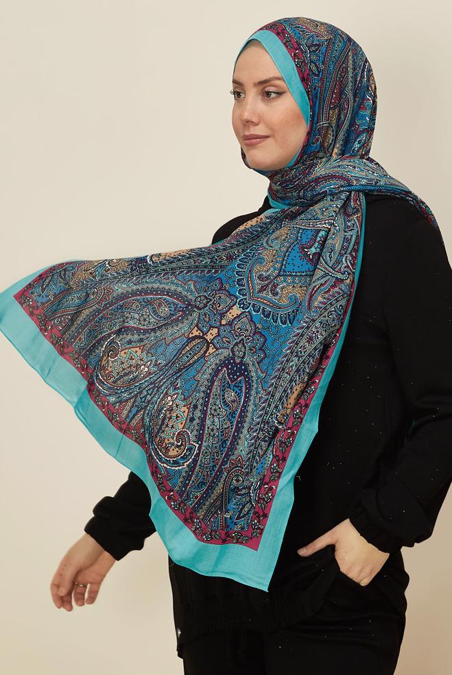 Tesettür giyim MAVİ ALVİNA DESENLİ PAMUK VİSKON ŞAL 8546 - ALVİNA