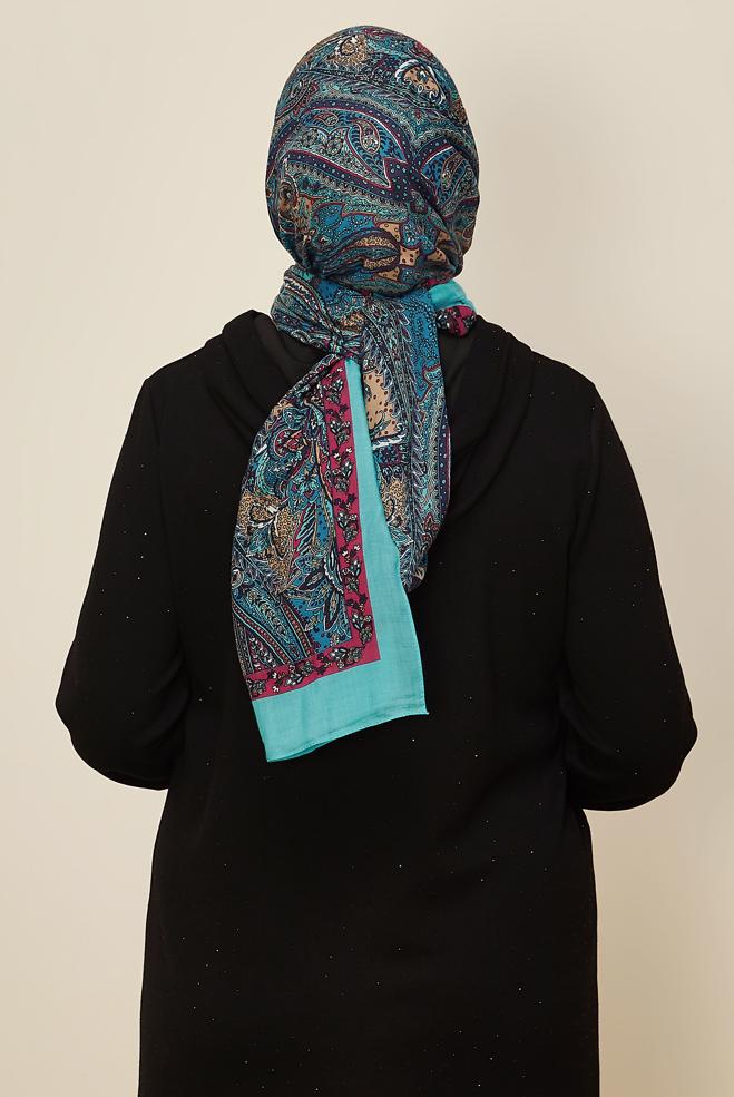 Tesettür giyim MAVİ ALVİNA DESENLİ PAMUK VİSKON ŞAL 8546 - ALVİNA
