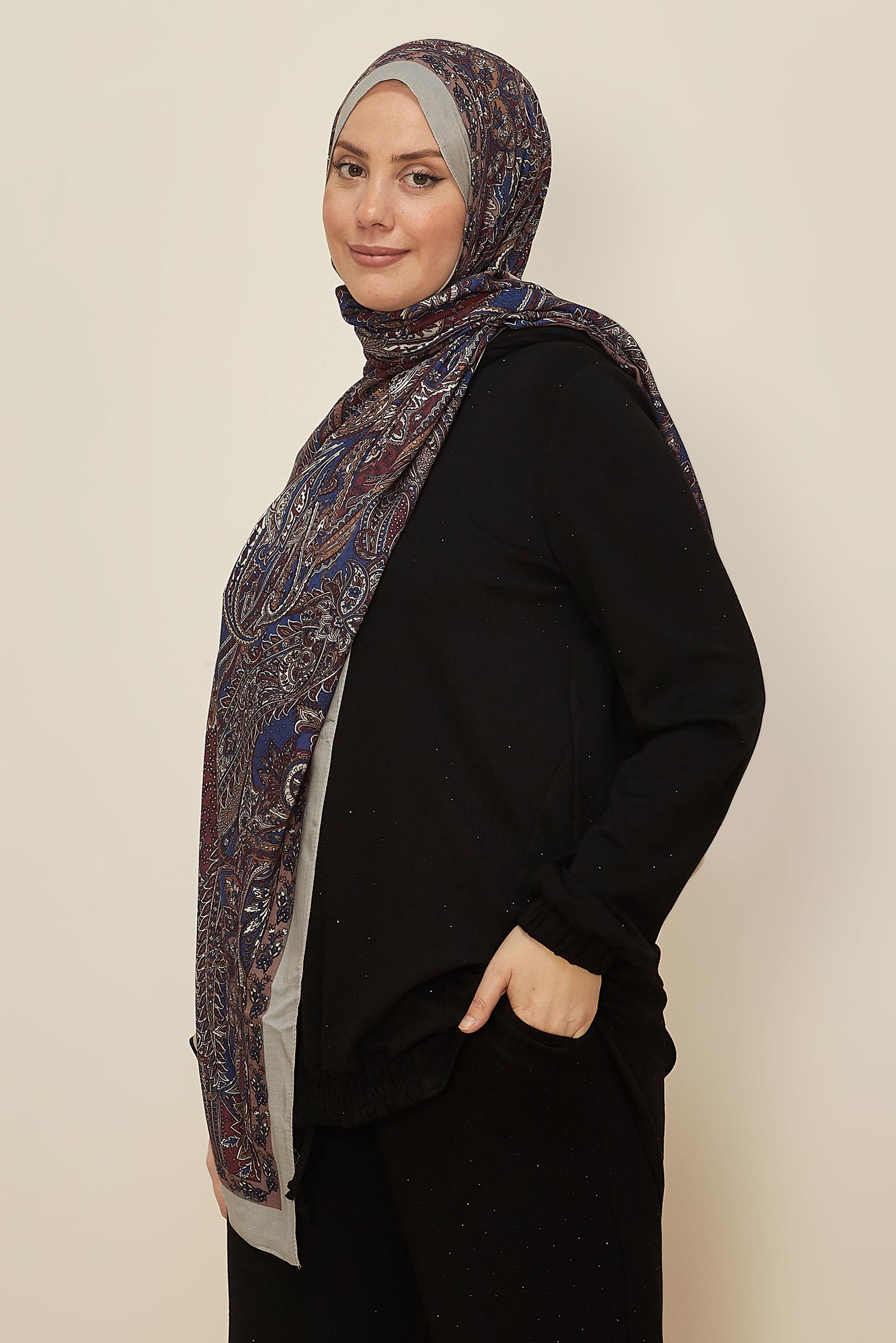 Tesettür giyim LACİVERT ALVİNA DESENLİ PAMUK VİSKON ŞAL 8546