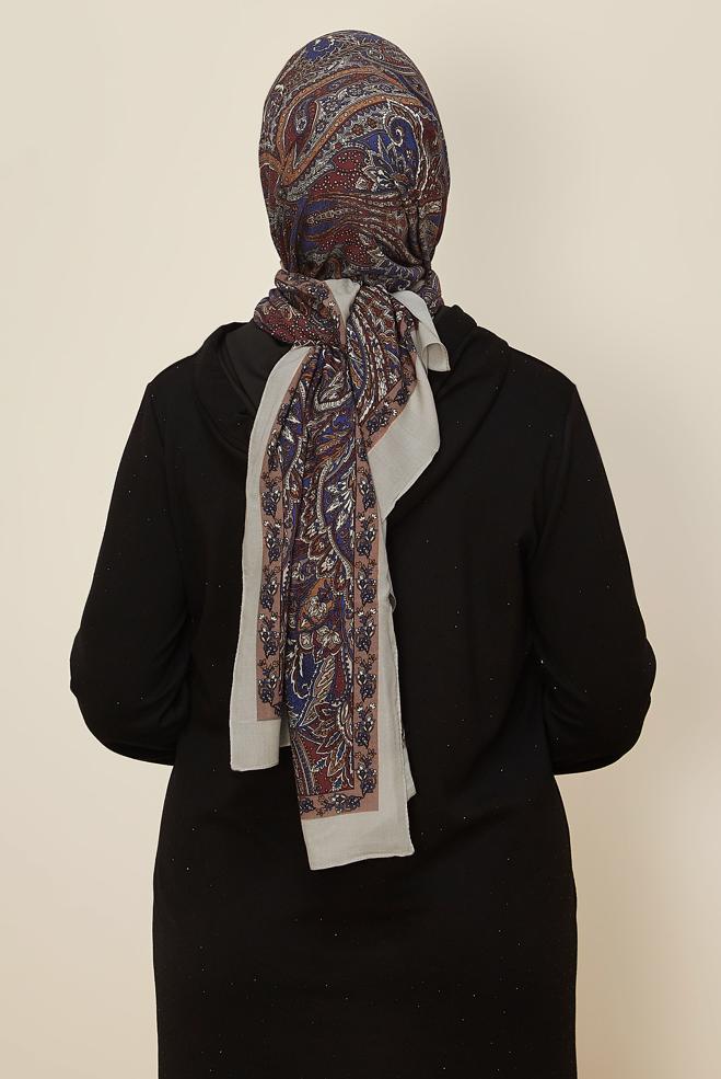 Tesettür giyim LACİVERT ALVİNA DESENLİ PAMUK VİSKON ŞAL 8546 - ALVİNA