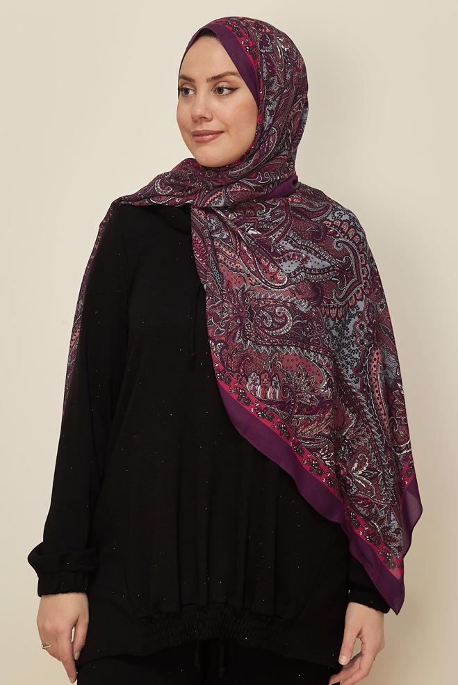 Tesettür giyim MÜRDÜM ALVİNA DESENLİ PAMUK VİSKON ŞAL 8546 - ALVİNA