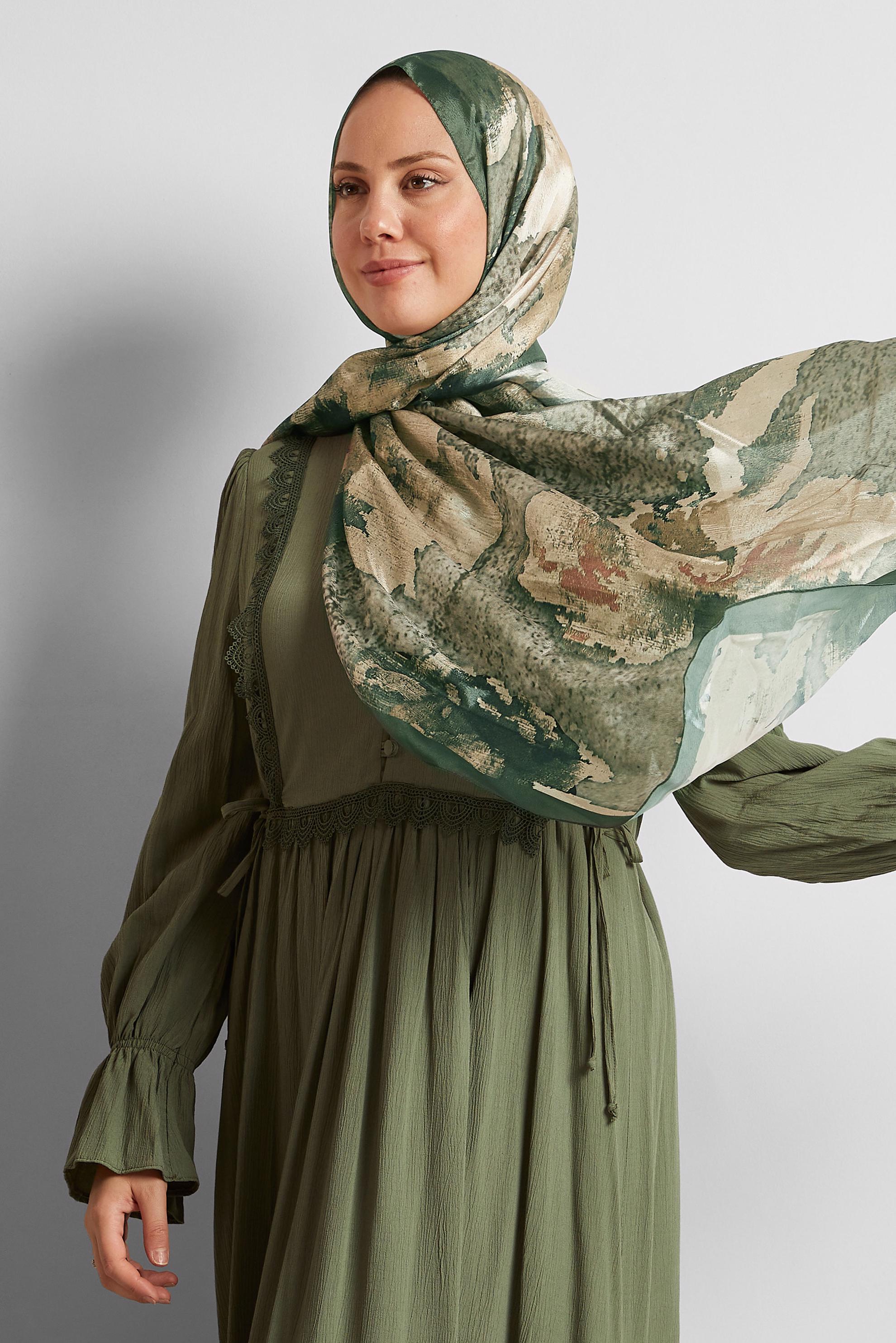 Tesettür giyim HAKİ ALVİNA DESENLİ ŞAL 8549