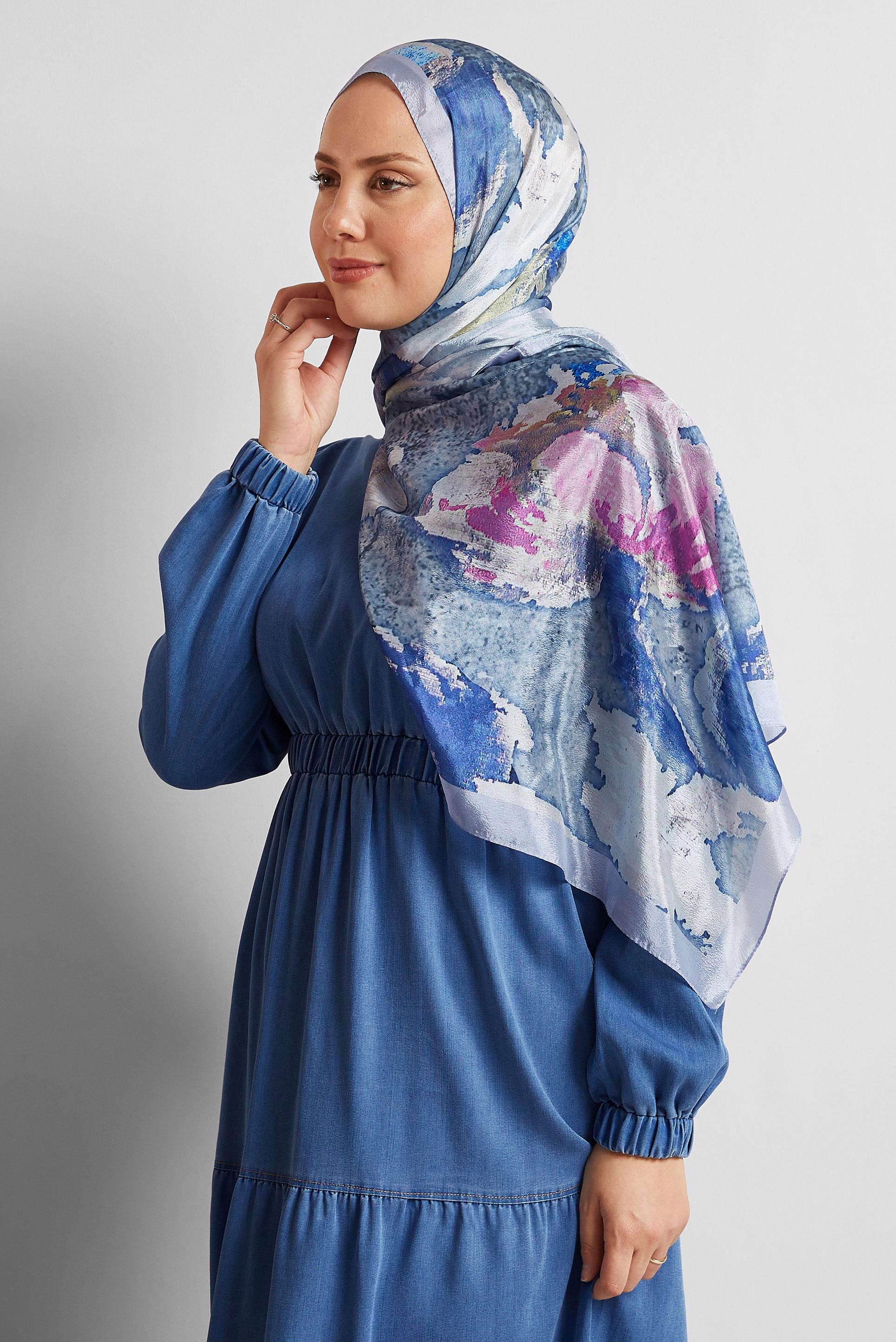 Tesettür giyim MAVİ ALVİNA DESENLİ ŞAL 8549