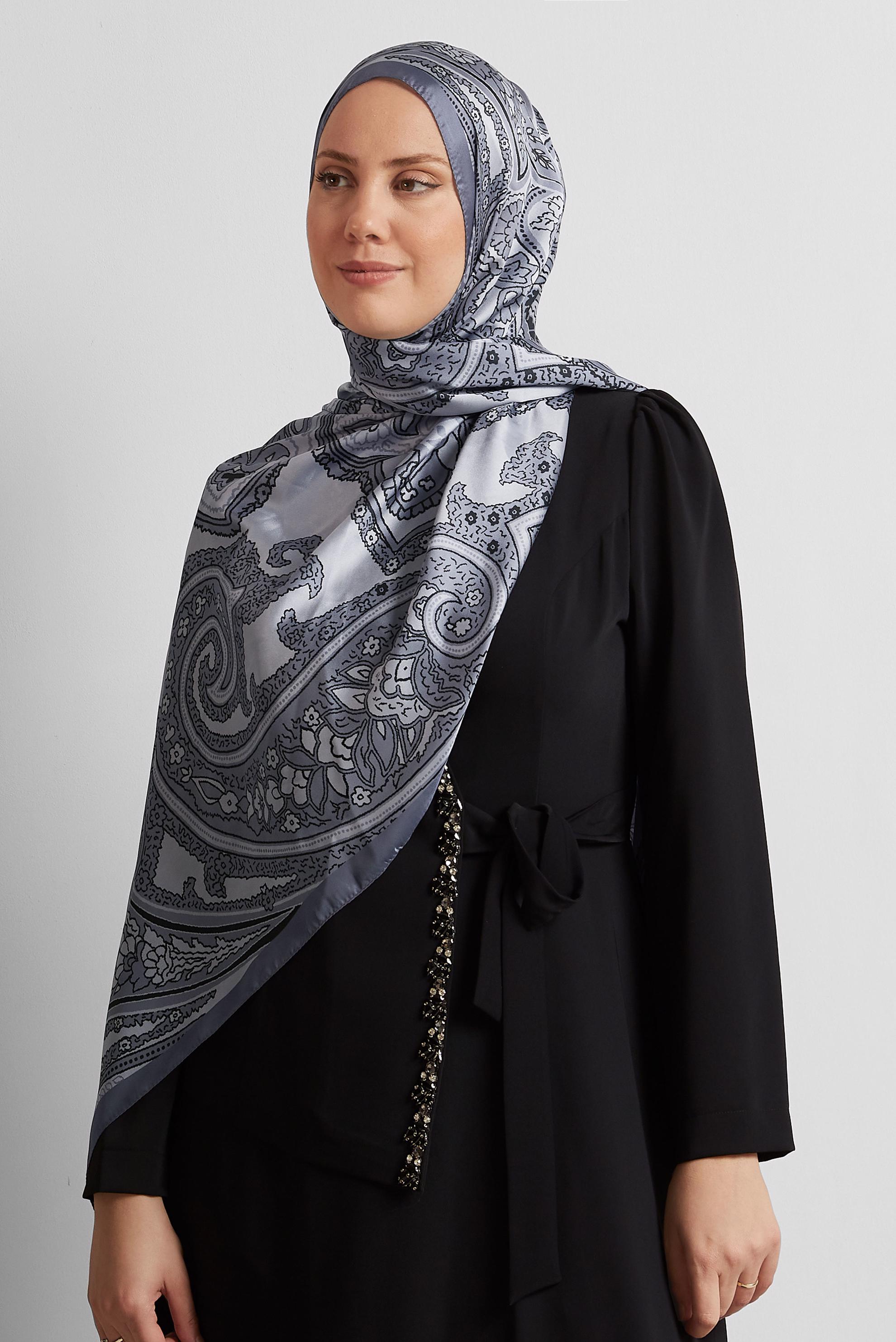 Tesettür giyim GRİ ALVİNA ETNİK DESENLİ ŞAL 8553