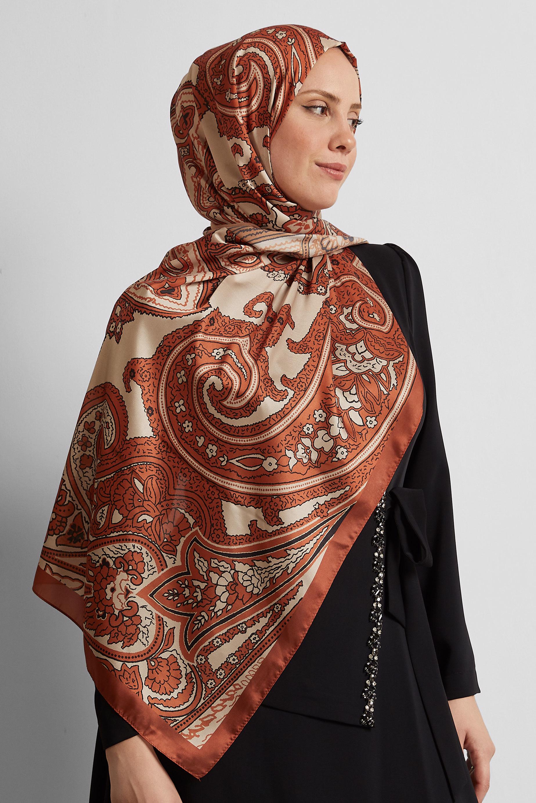 Tesettür giyim TURUNCU ALVİNA ETNİK DESENLİ ŞAL 8553