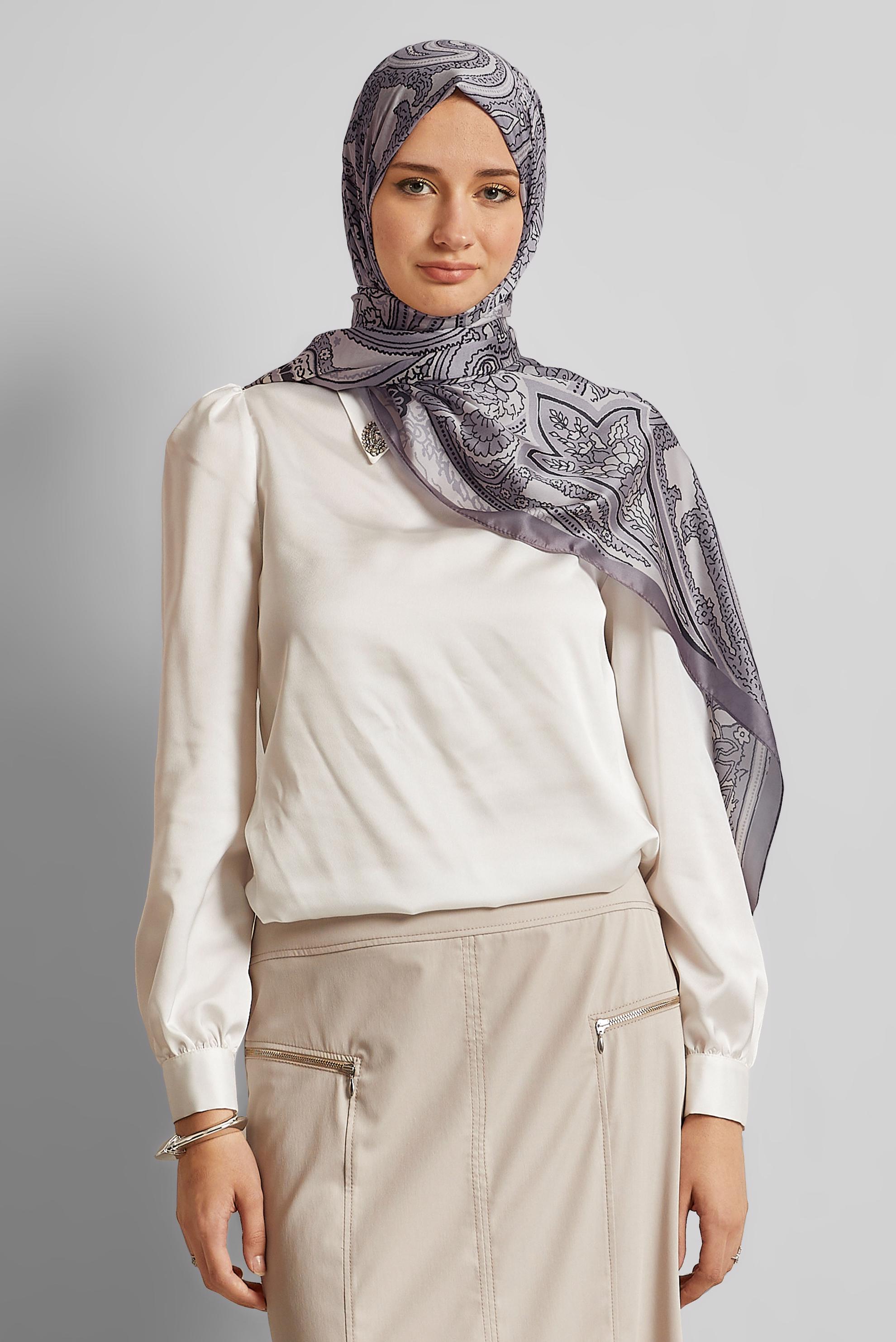 Tesettür giyim VİZON ALVİNA ETNİK DESENLİ ŞAL 8553