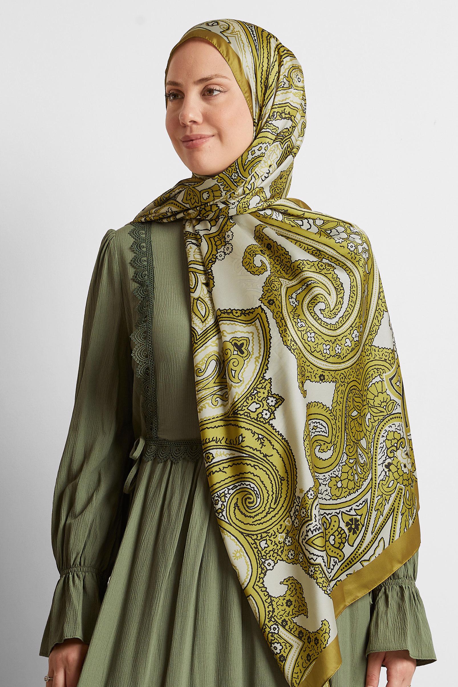 Tesettür giyim YEŞİL ALVİNA ETNİK DESENLİ ŞAL 8553