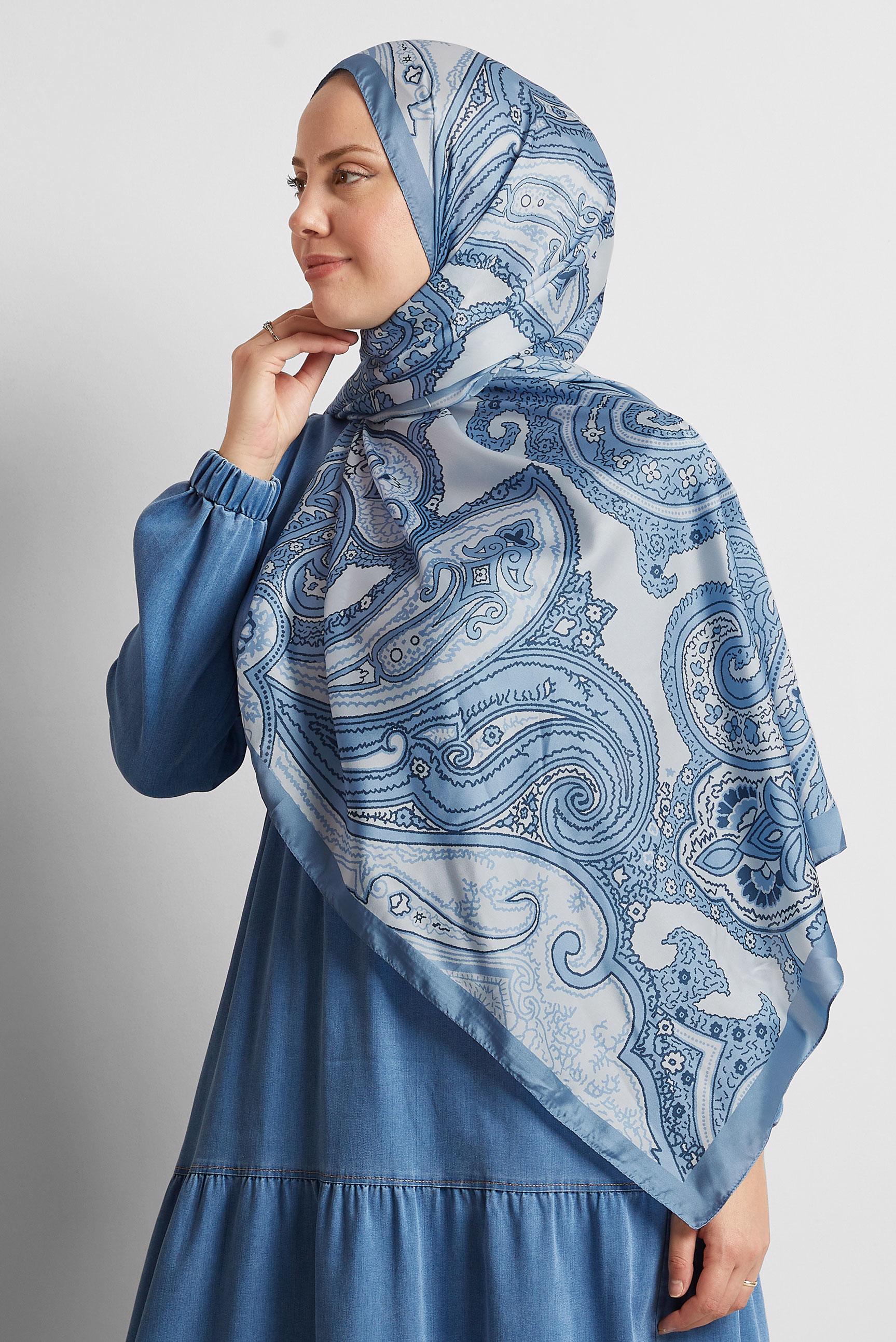 Tesettür giyim MAVİ ALVİNA ETNİK DESENLİ ŞAL 8553