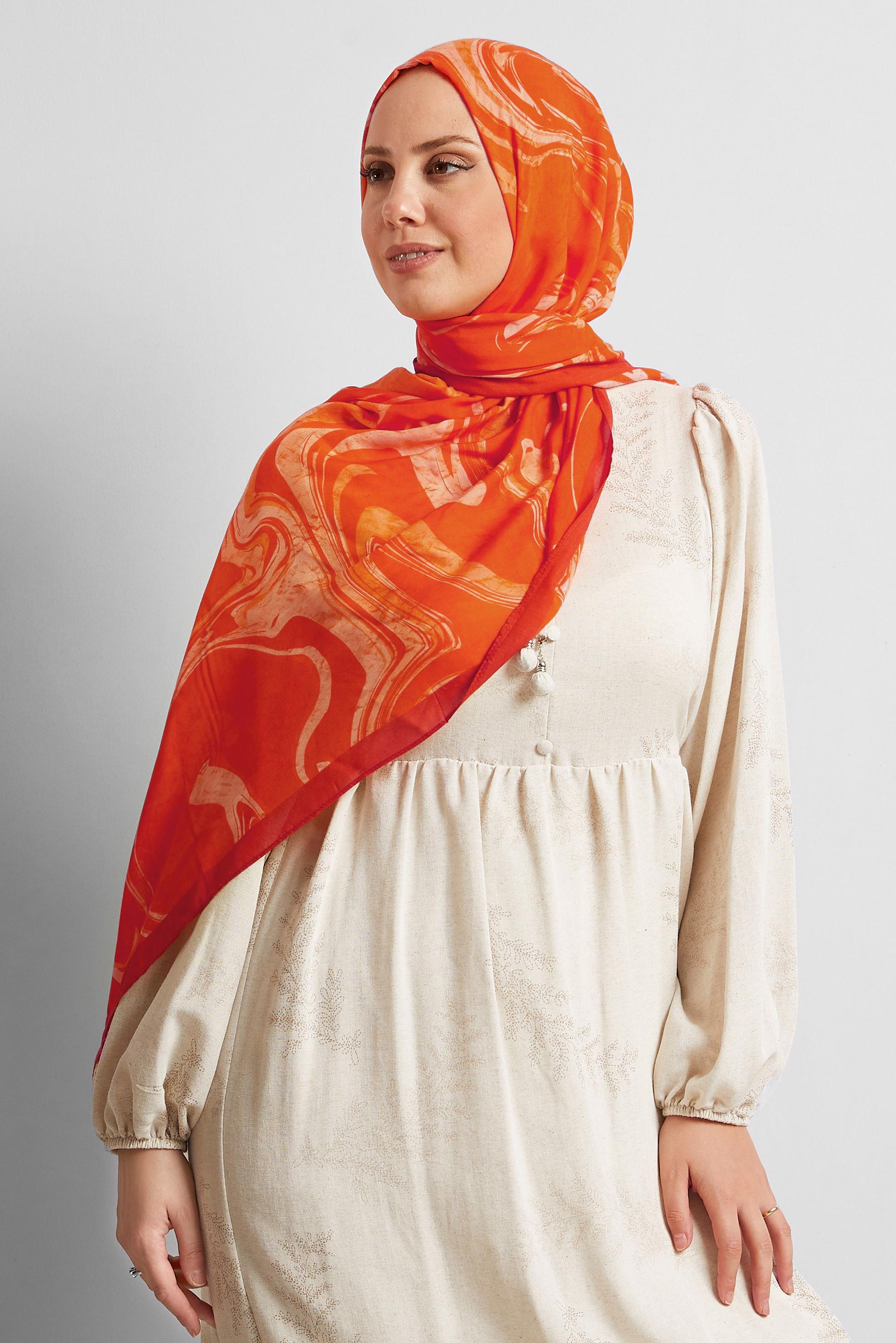 Tesettür giyim TURUNCU ALVİNA DESENLİ ŞAL 8567