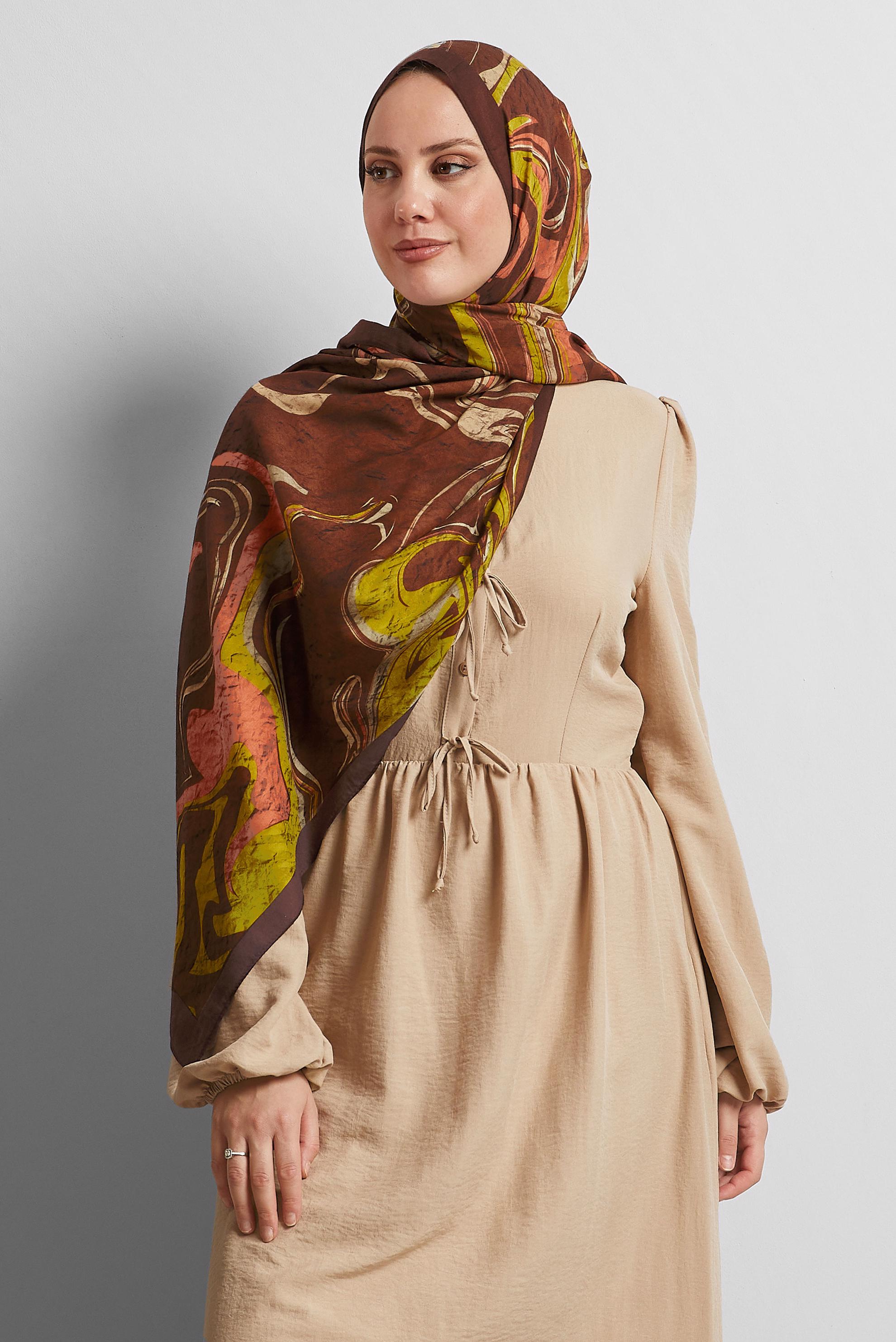 Tesettür giyim KAHVE ALVİNA DESENLİ ŞAL 8567