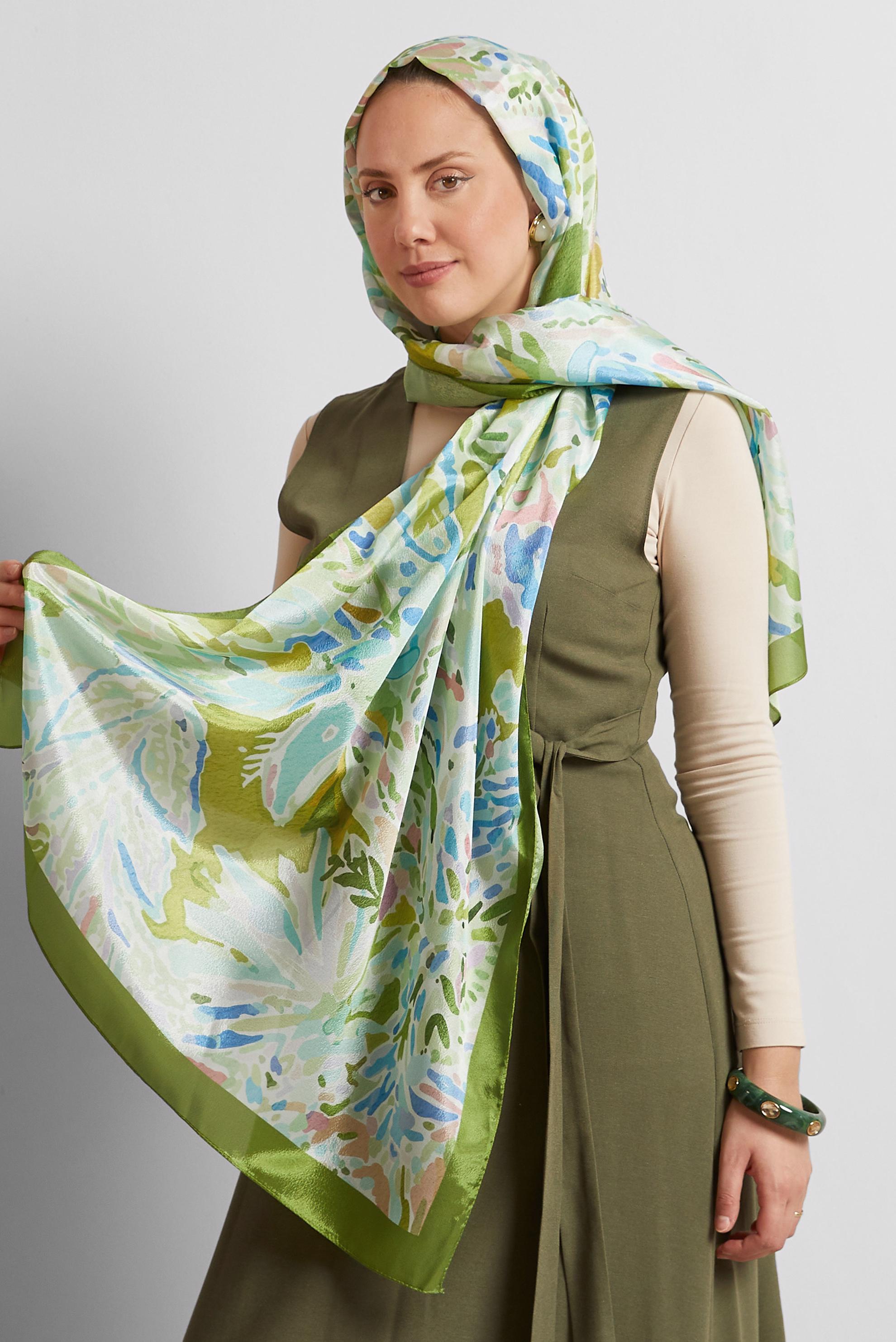 Tesettür giyim YEŞİL ALVİNA DESENLİ ŞAL 8574