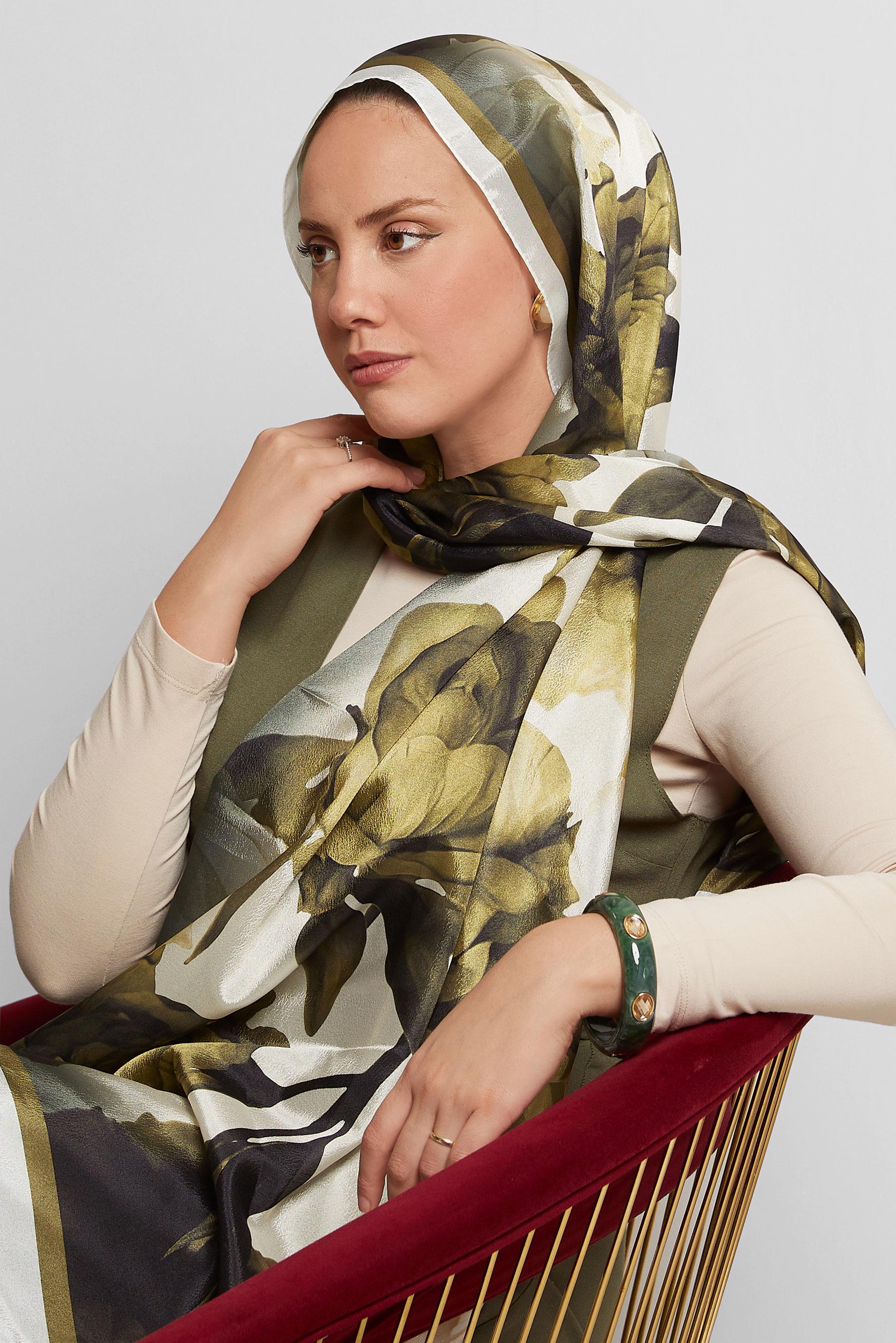 Tesettür giyim YEŞİL ALVİNA ÇİÇEK DESENLİ VUAL ŞAL 8575