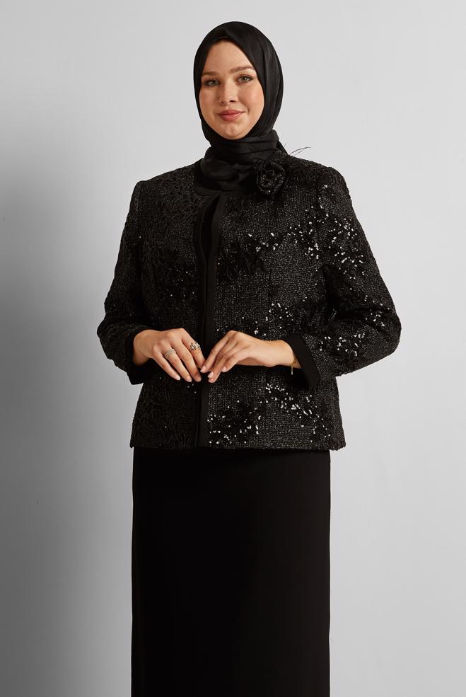 Tesettür giyim SİYAH ÜÇLÜ ETEKLİ TAKIM 30453 - ALVİNA