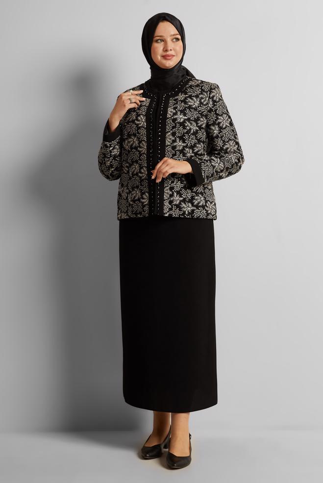 Tesettür giyim SİYAH ÜÇLÜ ETEKLİ TAKIM 30456 - ALVİNA