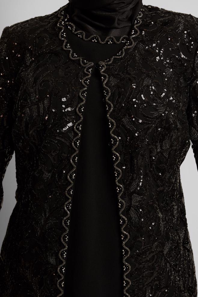 Tesettür giyim SİYAH ÜÇLÜ TAŞLI ETEKLİ TAKIM 30524 - ALVİNA