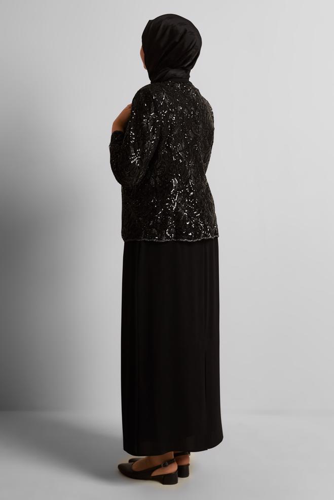 Tesettür giyim SİYAH ÜÇLÜ TAŞLI ETEKLİ TAKIM 30524 - ALVİNA