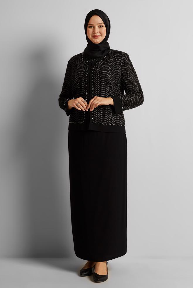 Tesettür giyim SİYAH BÜYÜK BEDEN ÜÇLÜ ETEKLİ TAKIM 30525 - ALVİNA