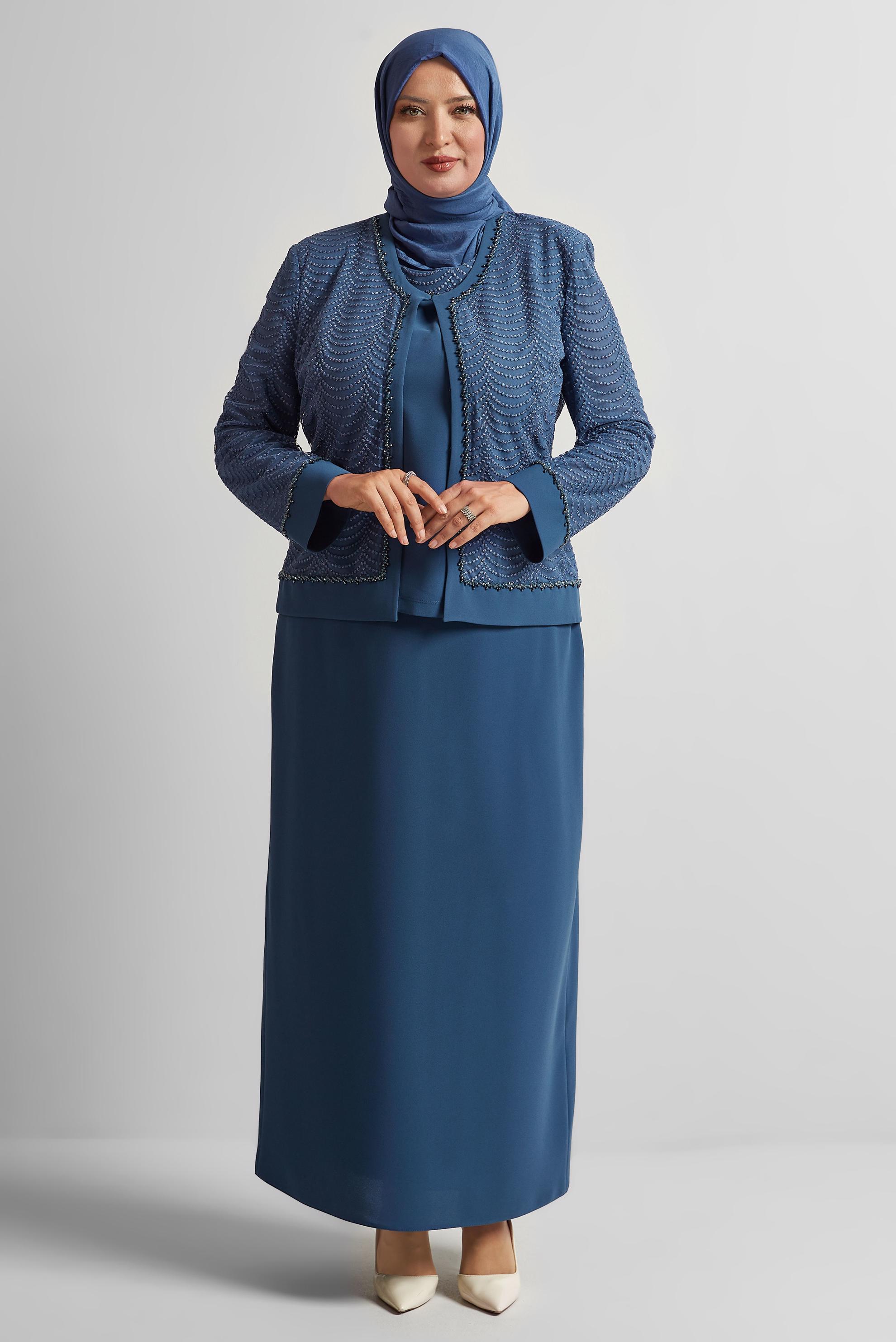 Tesettür giyim LACİVERT BÜYÜK BEDEN ÜÇLÜ ETEKLİ TAKIM 30525