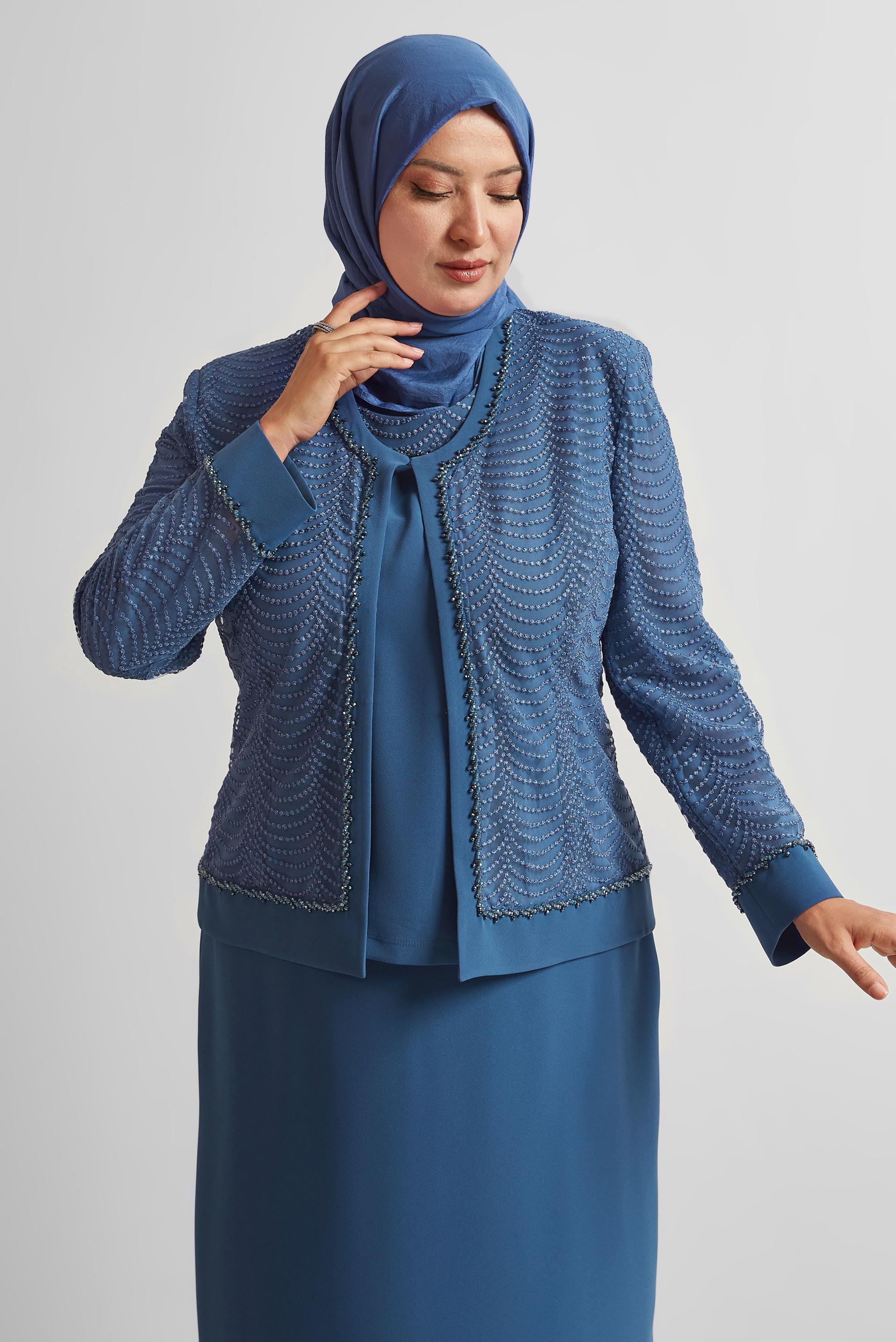 Tesettür giyim LACİVERT BÜYÜK BEDEN ÜÇLÜ ETEKLİ TAKIM 30525