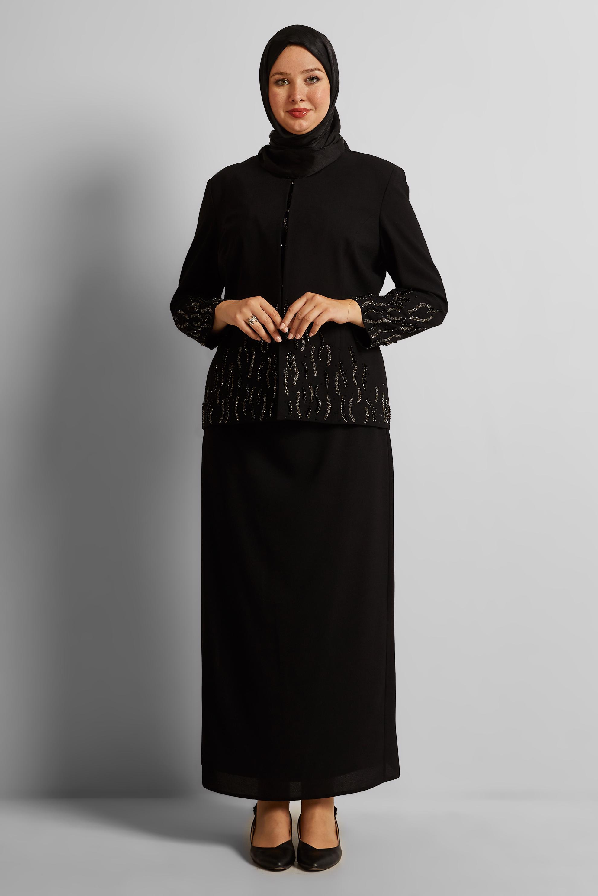 Tesettür giyim SİYAH ÜÇLÜ ETEKLİ TAKIM 30527